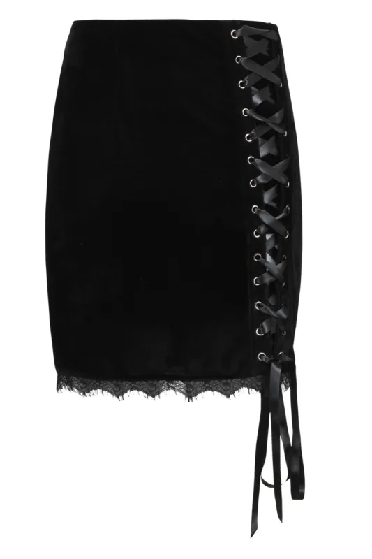 Corset Inspired Black Velvet Skirt with Ribbon Lacing sold by Corset Story
