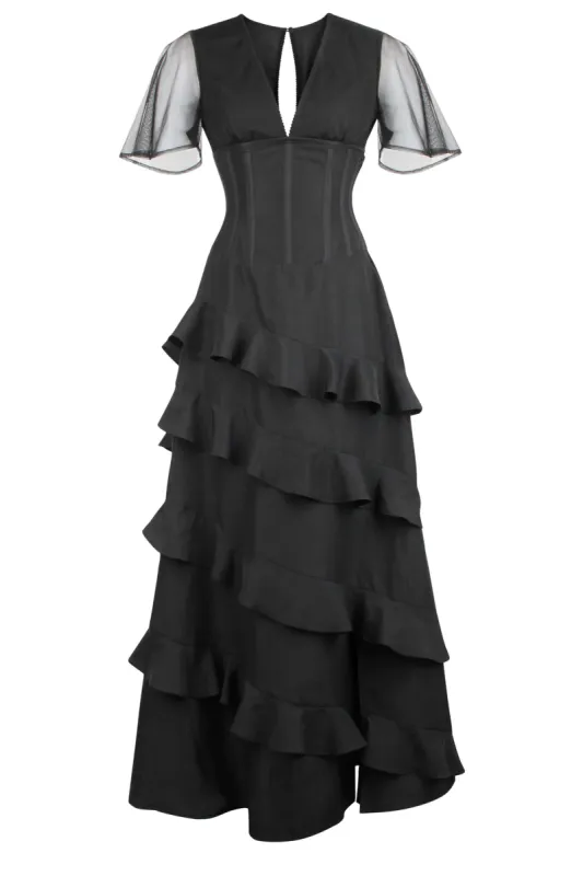 Black Corseted Cascading Dress sold by Corset Story