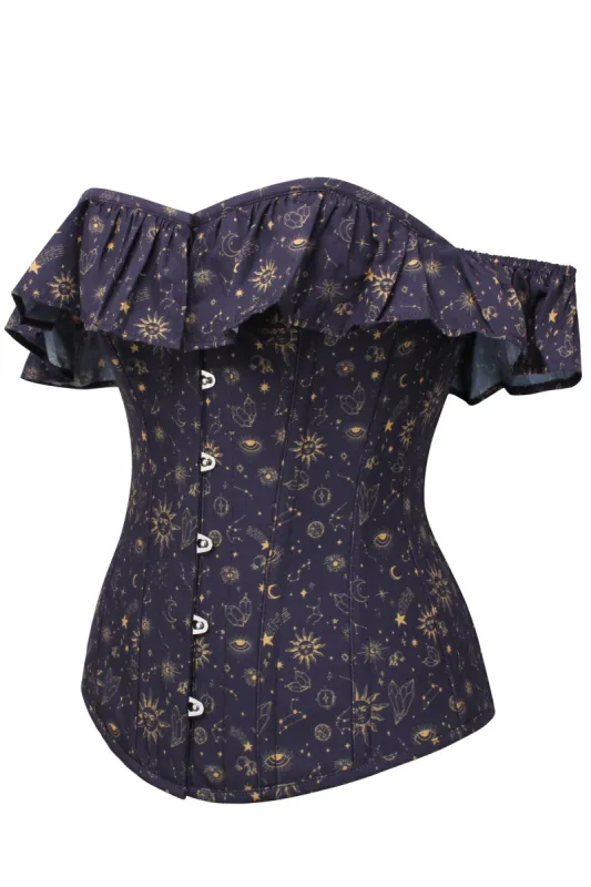 Mystic Galaxy Indigo And Gold Corset Top With Bardot Sleeve sold by Corset Story