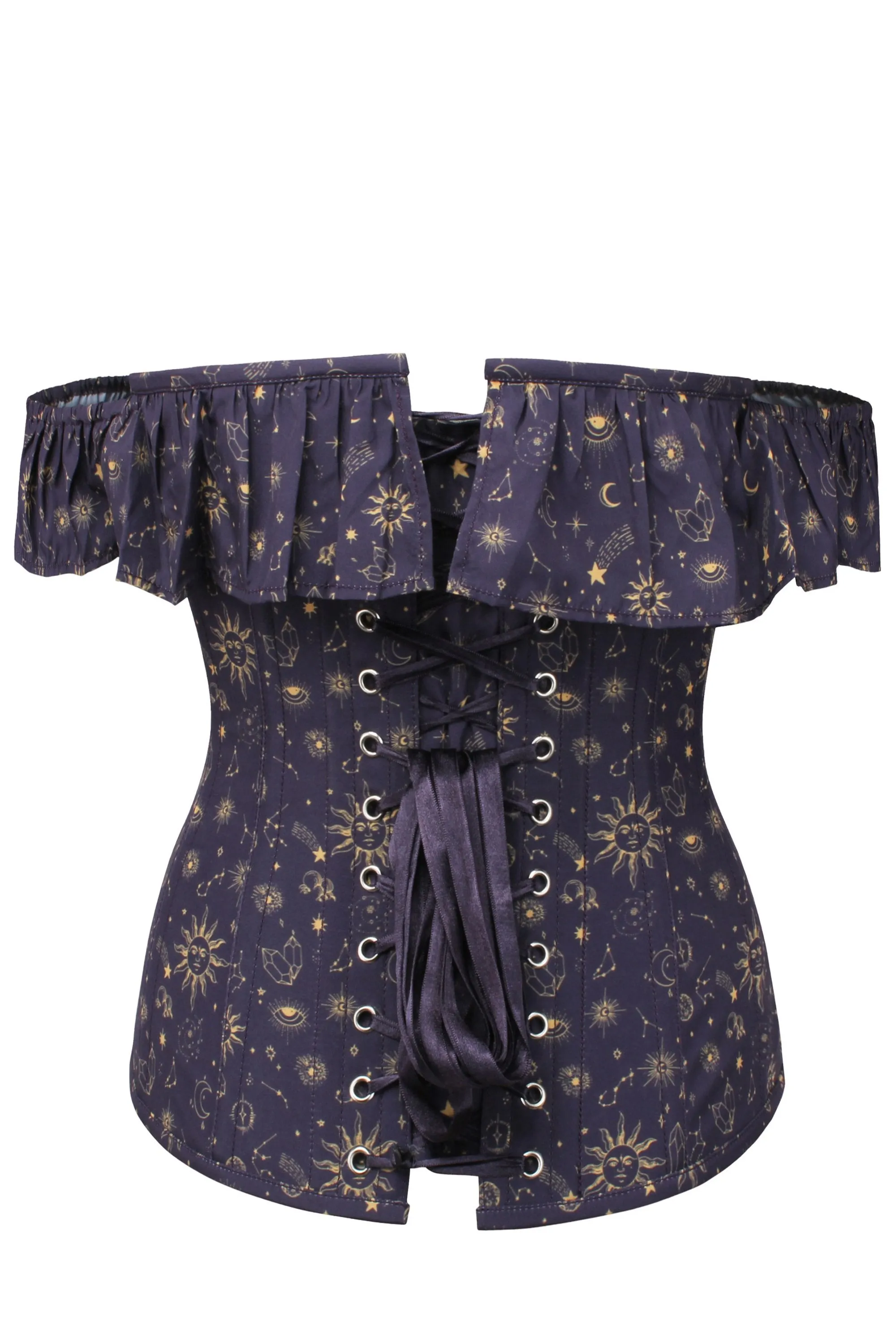 Mystic Galaxy Indigo And Gold Corset Top With Bardot Sleeve sold by Corset Story product image thumbnail 2