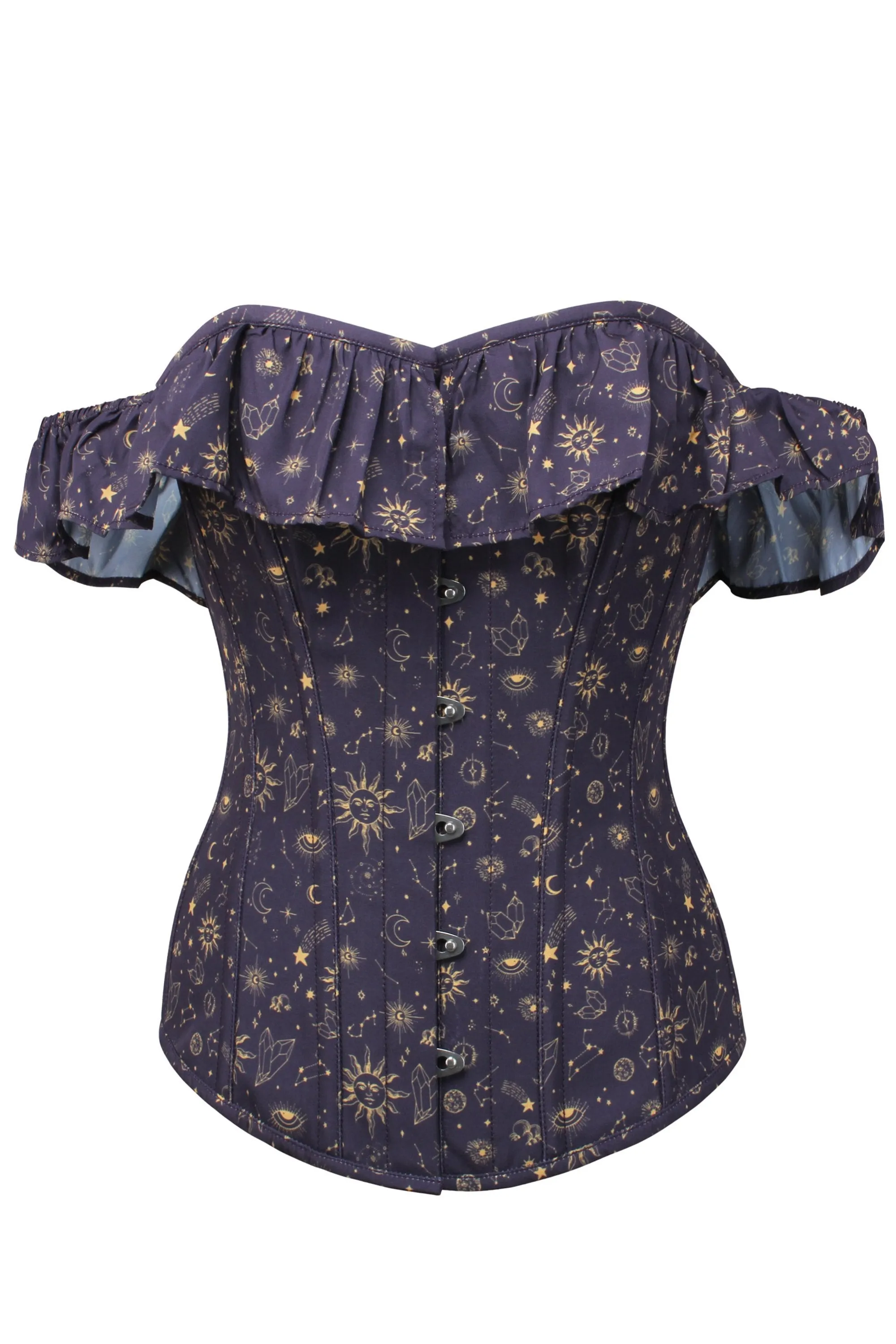 Mystic Galaxy Indigo And Gold Corset Top With Bardot Sleeve sold by Corset Story product image thumbnail 3