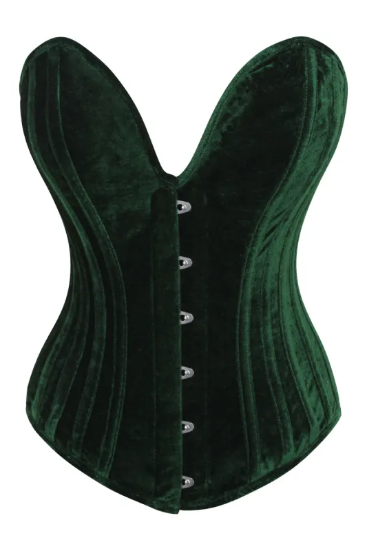 Dark Green Velvet Overbust Corset with Plunge Neckline sold by Corset Story