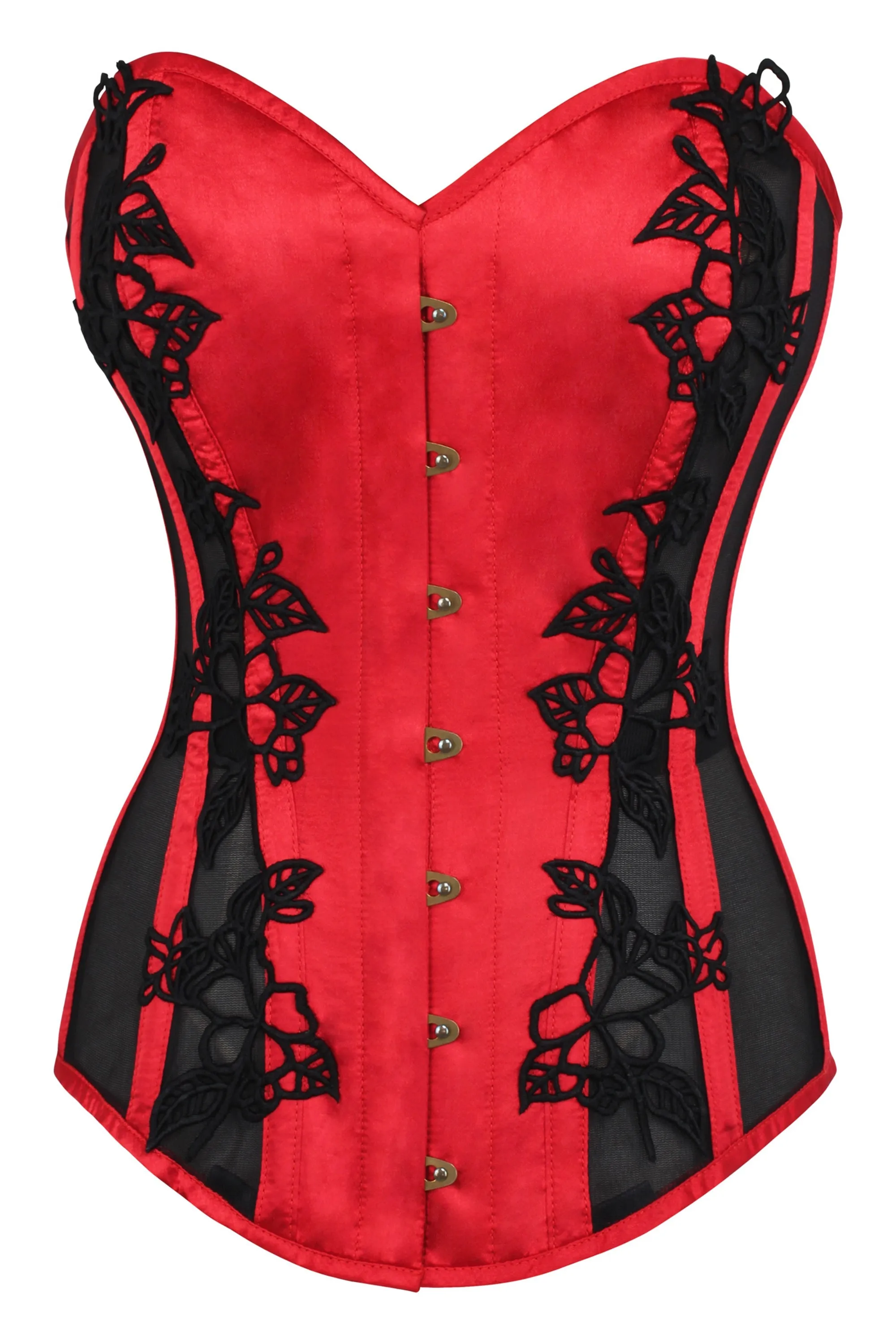 Lipstick Red Longline Overbust Corset with Black Lace and Mesh Panels sold by Corset Story