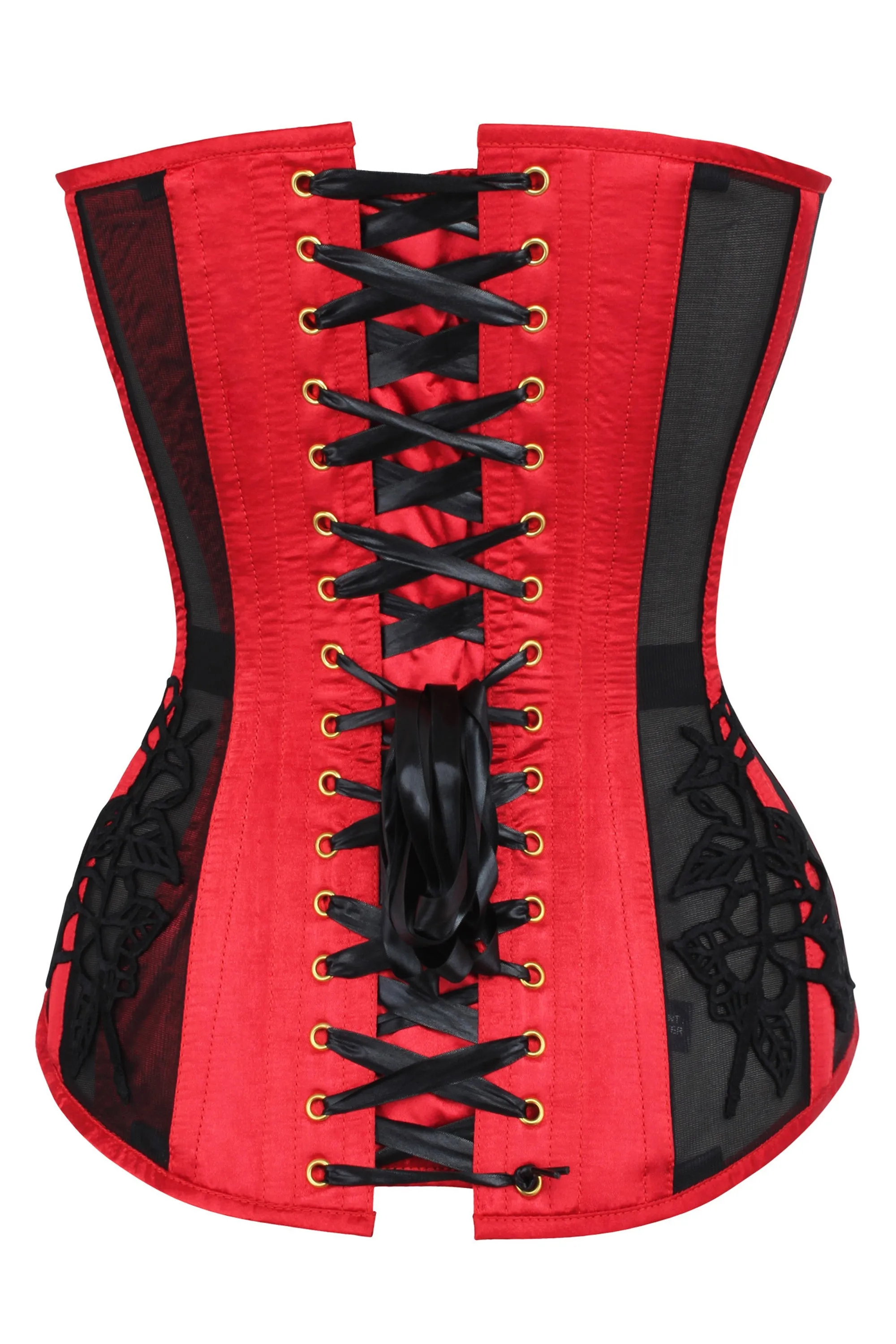 Lipstick Red Longline Overbust Corset with Black Lace and Mesh Panels sold by Corset Story product image thumbnail 2