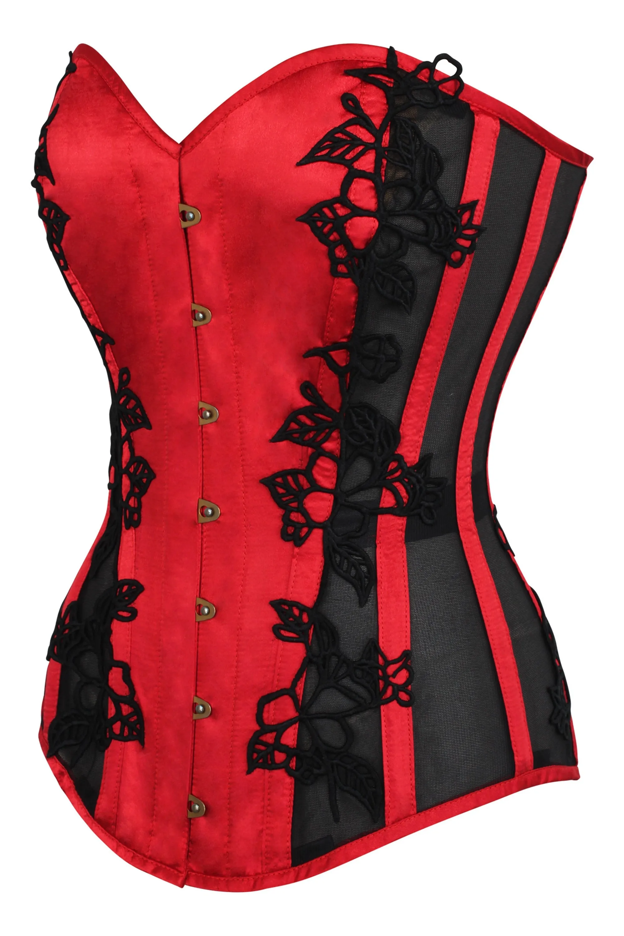 Lipstick Red Longline Overbust Corset with Black Lace and Mesh Panels sold by Corset Story product image thumbnail 3