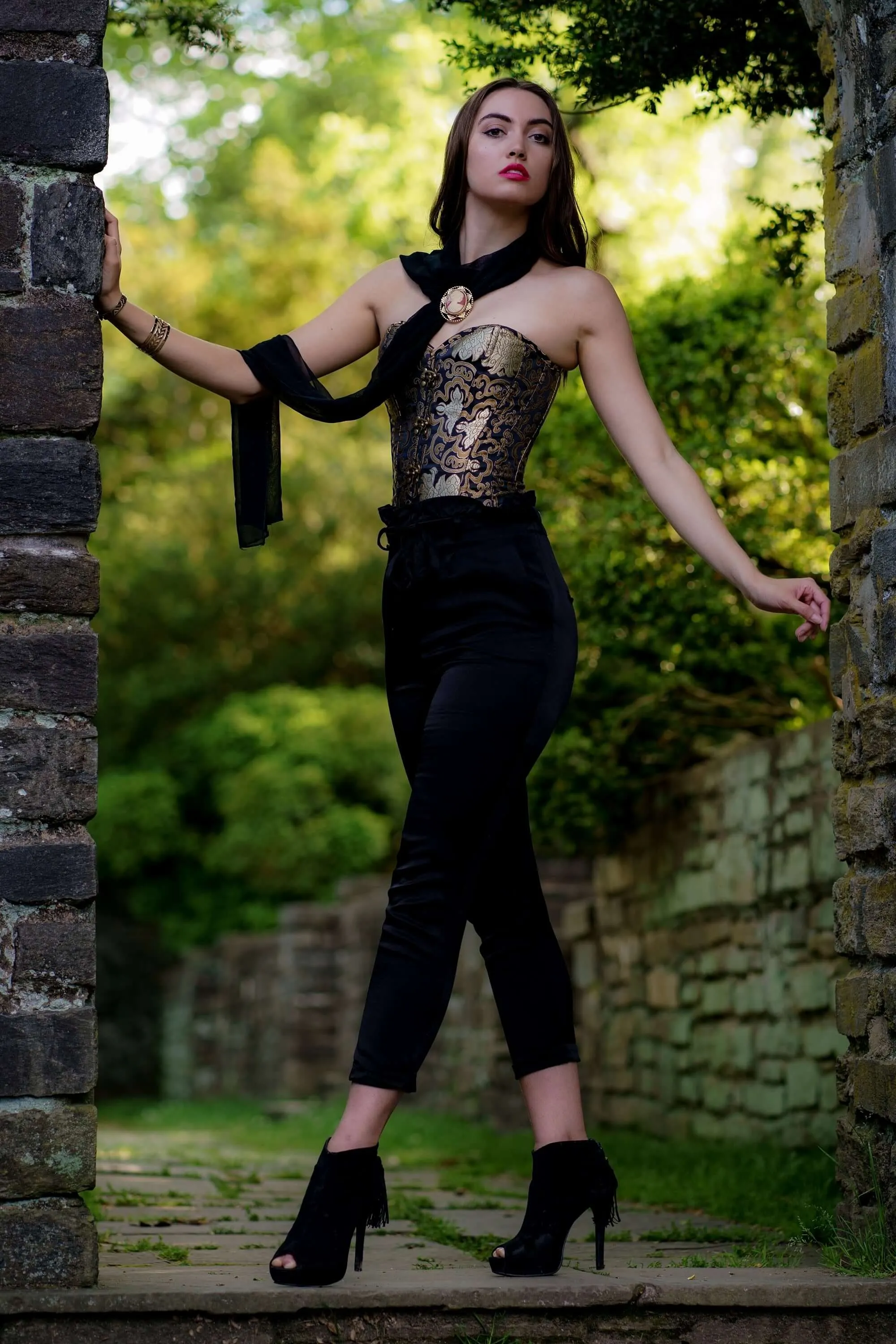Black With Gold Brocade Pattern Longline Overbust With Hooks sold by Corset Story product image thumbnail 2