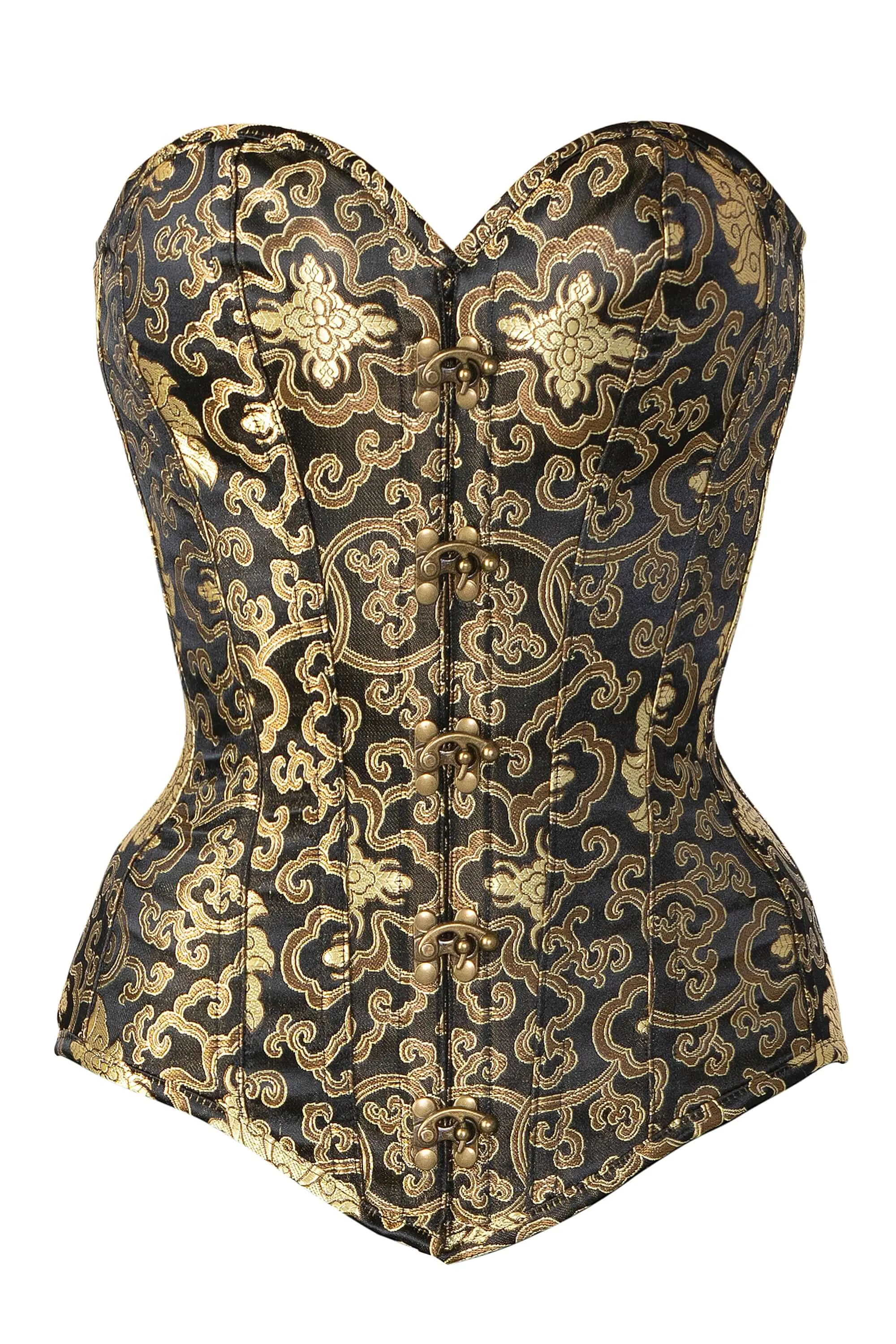 Black With Gold Brocade Pattern Longline Overbust With Hooks sold by Corset Story