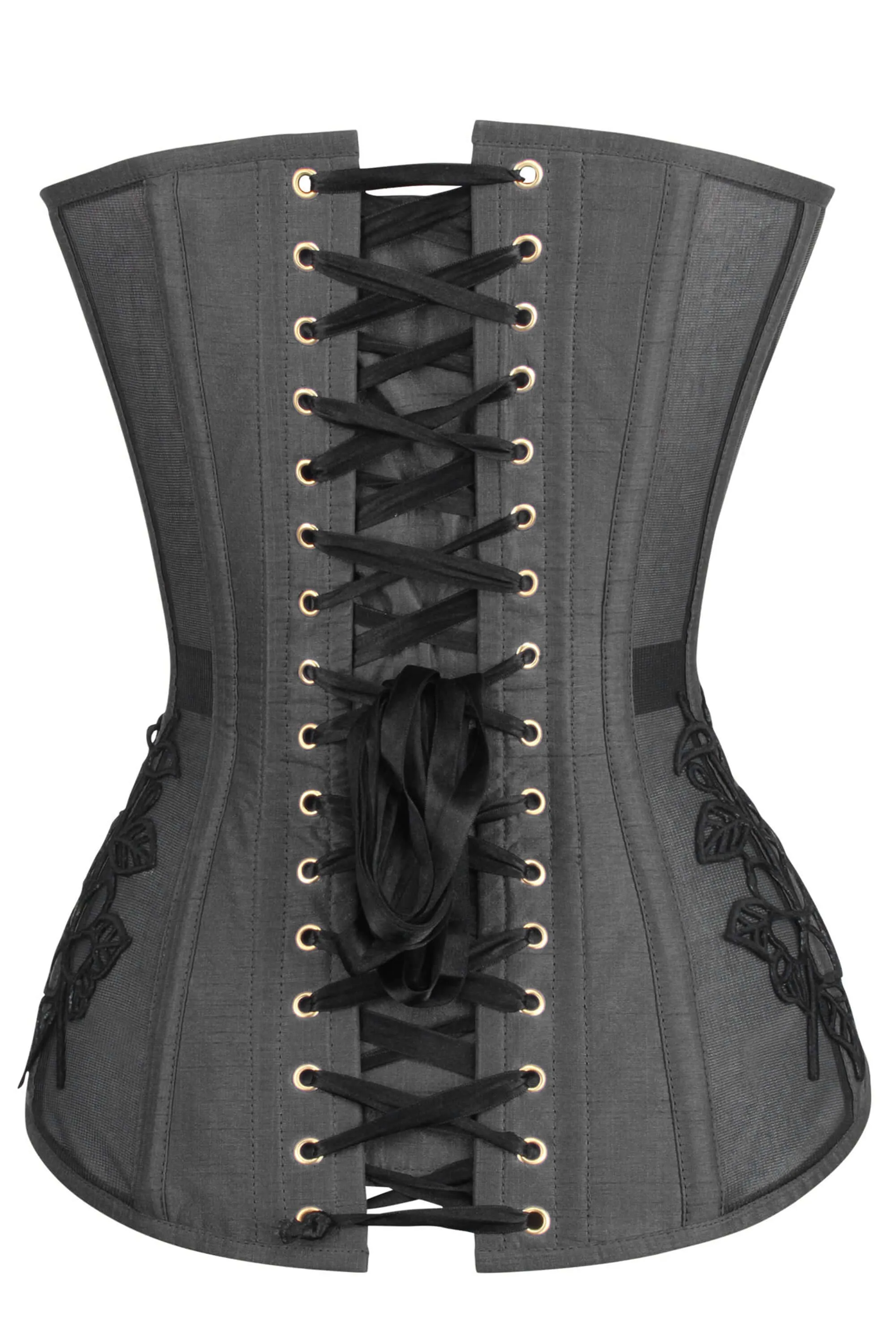 Black Longline Overbust Corset with Black Lace and Mesh Panels sold by Corset Story product image thumbnail 2
