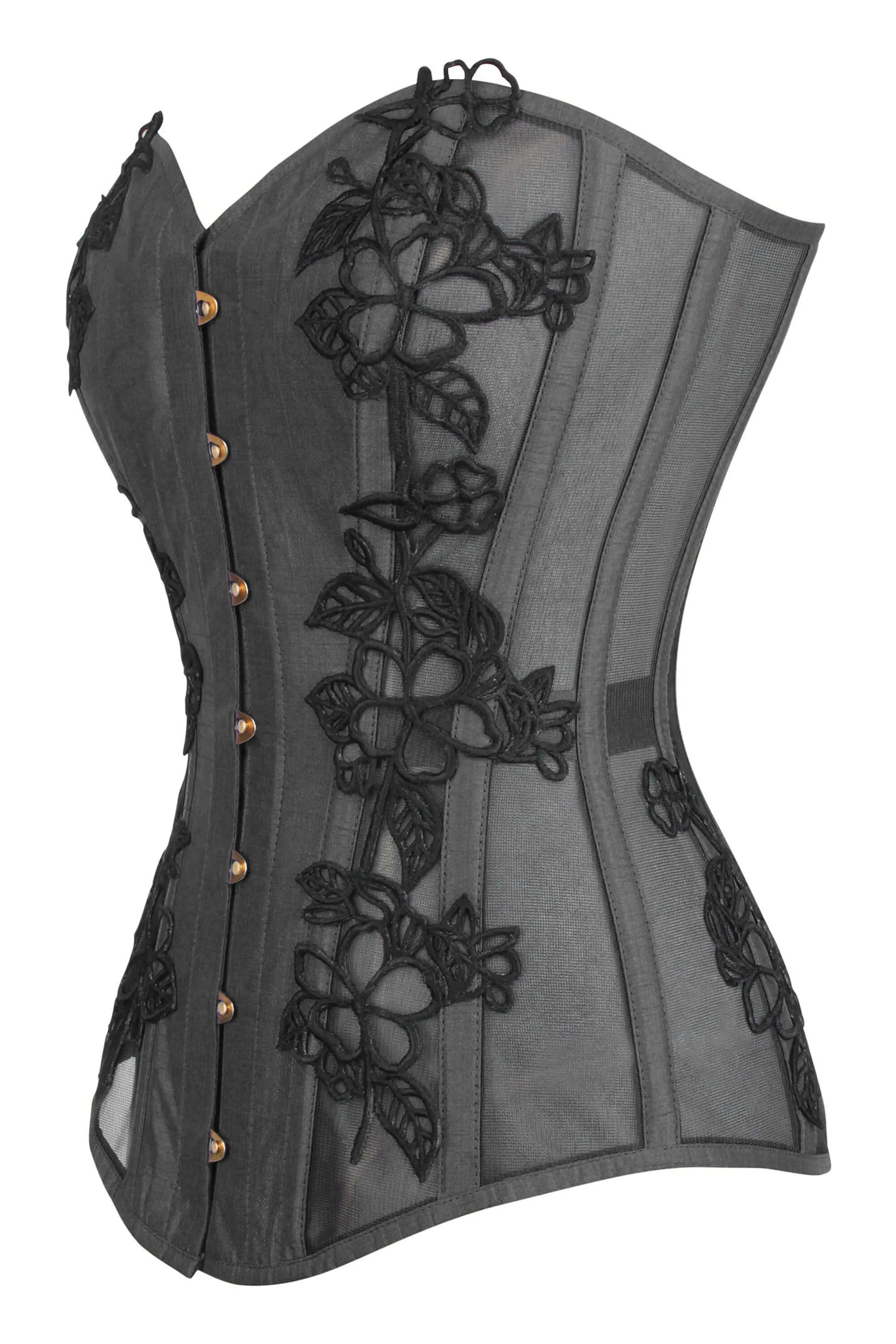 Black Longline Overbust Corset with Black Lace and Mesh Panels sold by Corset Story product image thumbnail 3