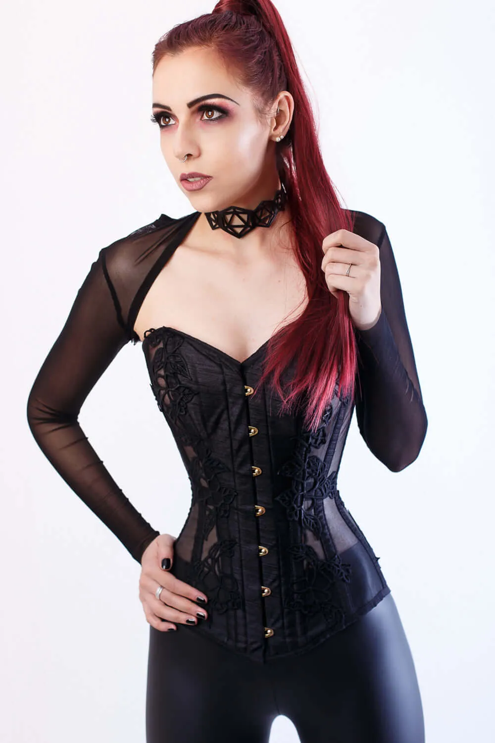Black Longline Overbust Corset with Black Lace and Mesh Panels sold by Corset Story product image thumbnail 4