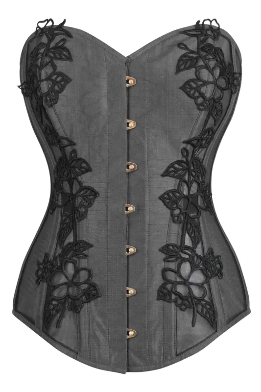 Black Longline Overbust Corset with Black Lace and Mesh Panels sold by Corset Story