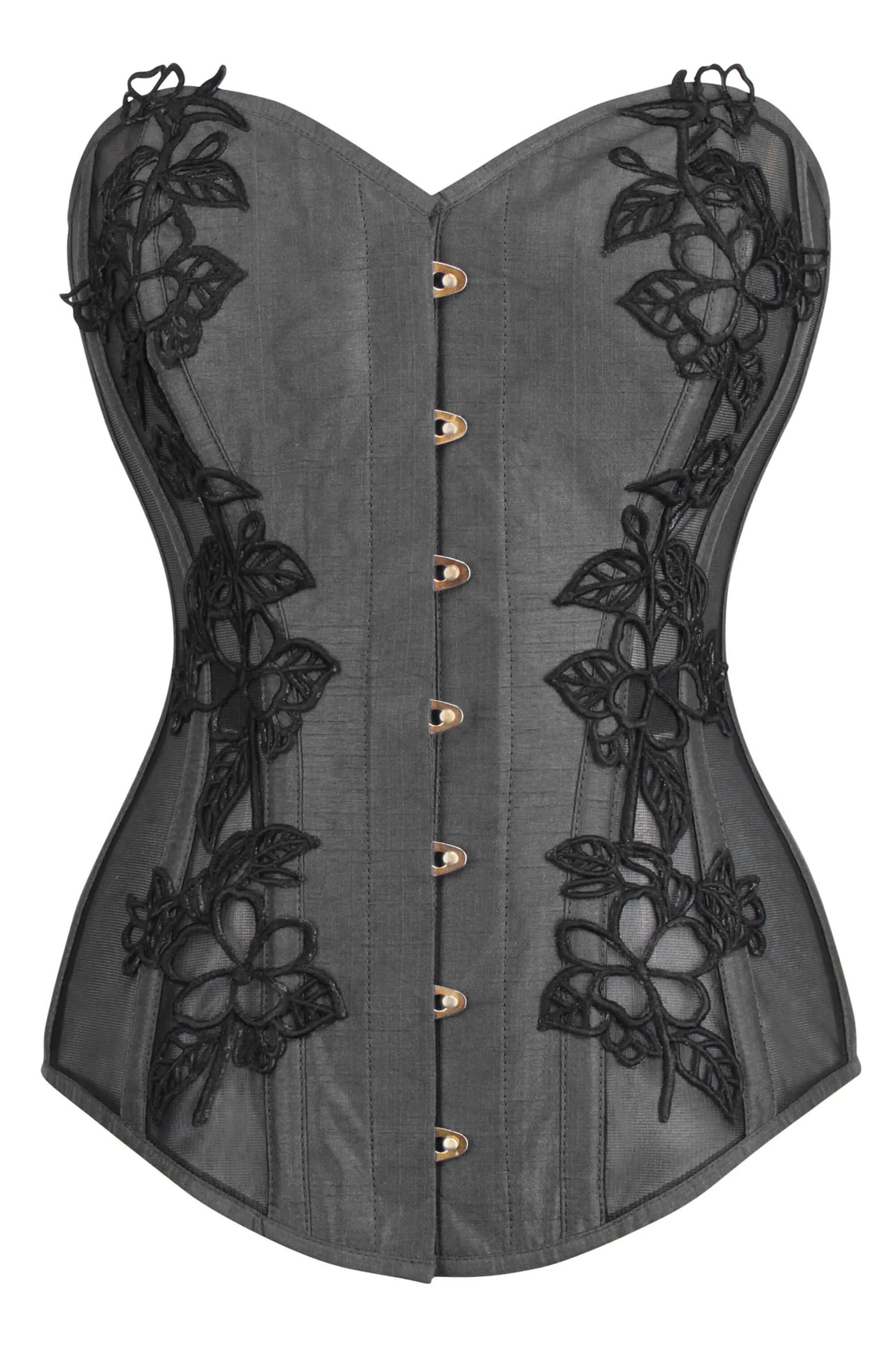 Black Longline Overbust Corset with Black Lace and Mesh Panels sold by Corset Story