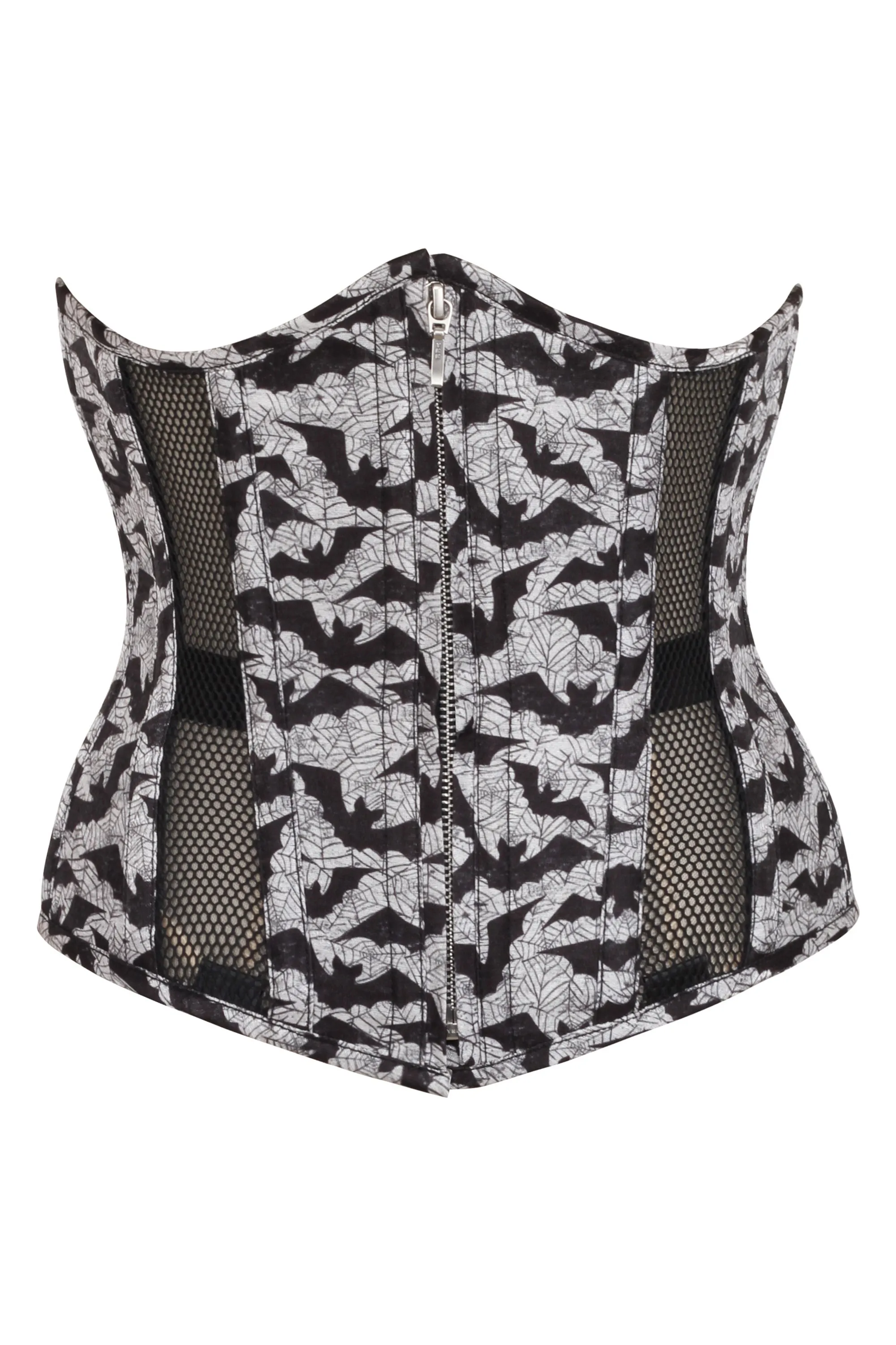 Gothic Mesh Panelled Corset with Bat Print sold by Corset Story