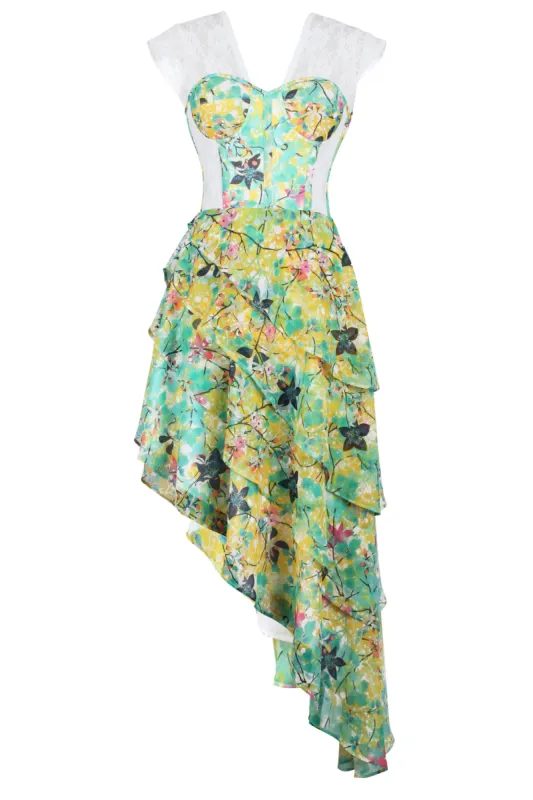 Tropical Print Mesh Panelled Corset Dress sold by Corset Story