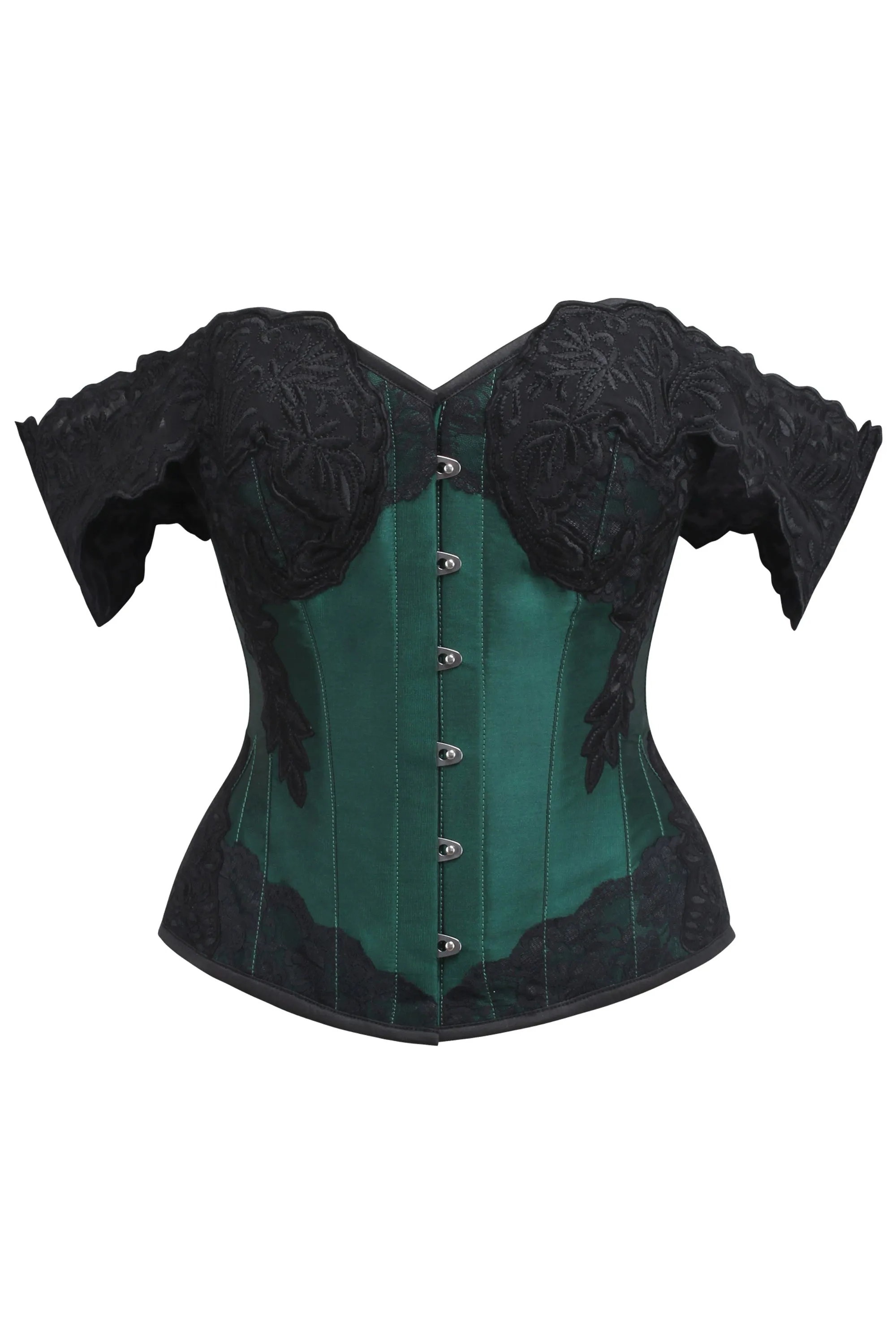Green Longline Corset Top with Lace Cap Sleeve sold by Corset Story