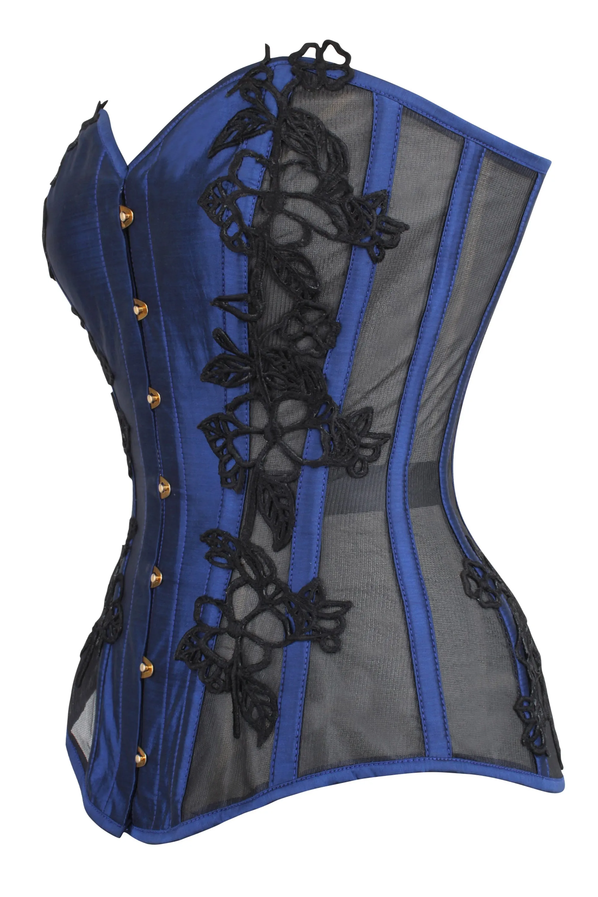 Navy Blue Longline Overbust Corset with Black Lace and Mesh Panels sold by Corset Story product image thumbnail 3