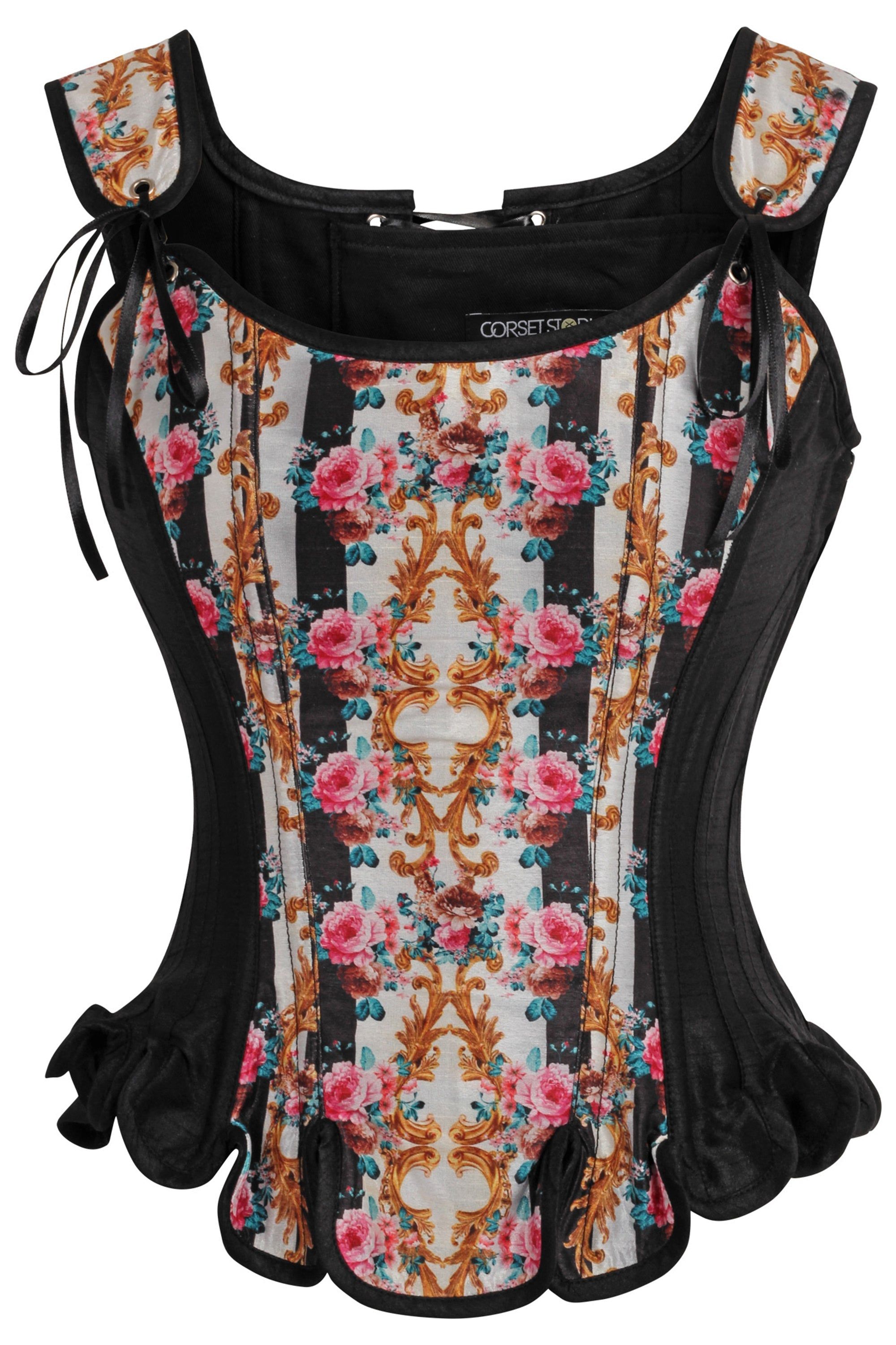 Historically Inspired Black Corset with Floral Print sold by Corset Story