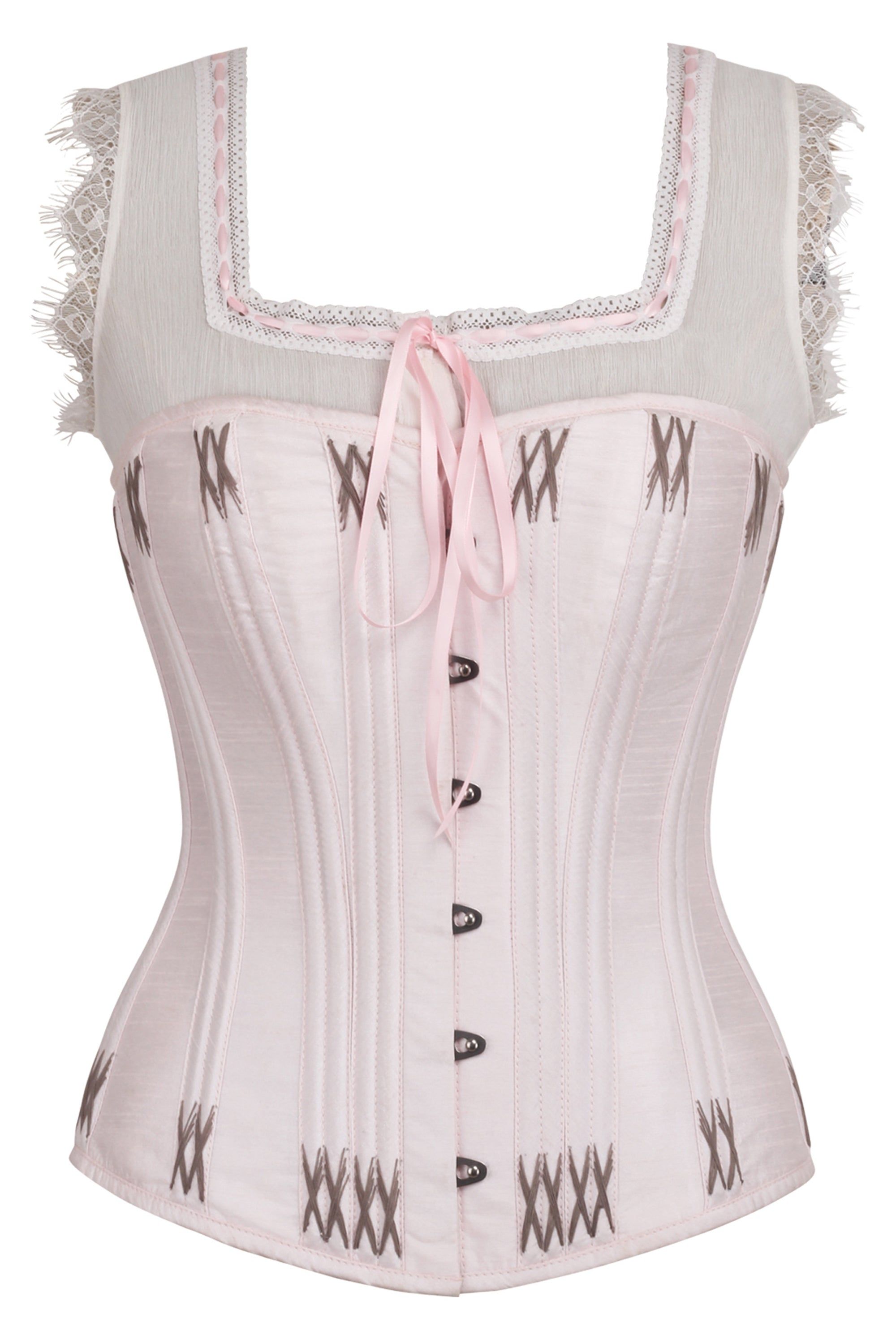 Pink Overbust Corset with Shoulder Straps and Flossing sold by Corset Story