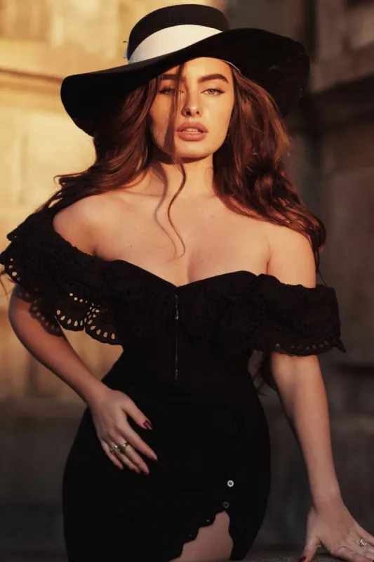 Alyssum Black Broderie Anglaise Cotton Corset Top with Double Frill Sleeves sold by Corset Story