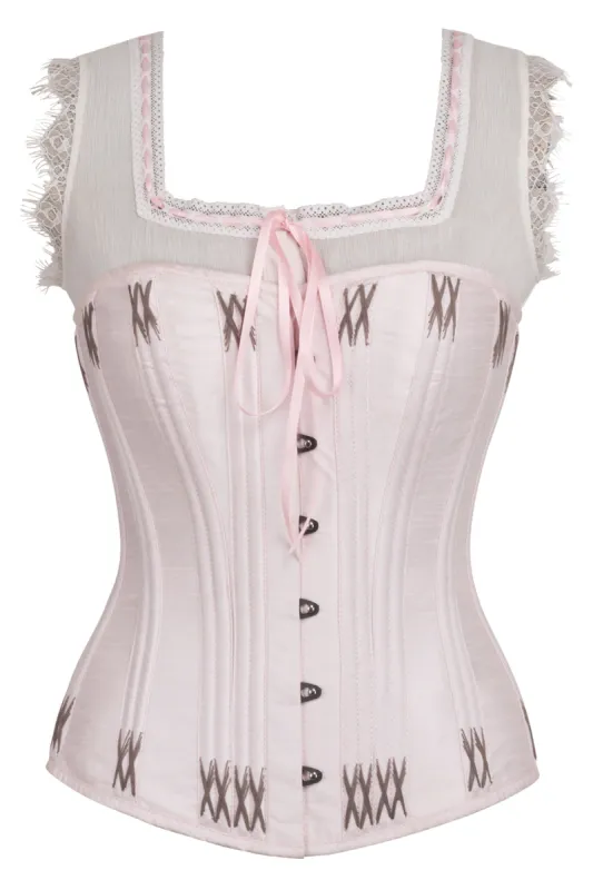 Pink Overbust Corset with Shoulder Straps and Flossing sold by Corset Story