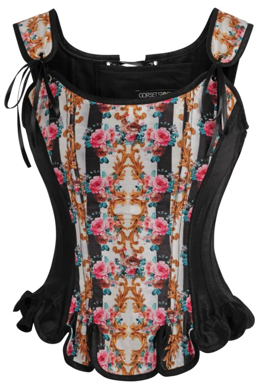 Historically Inspired Black Corset with Floral Print sold by Corset Story