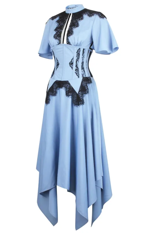 Baby Blue Corset Dress with Lace Trim sold by Corset Story