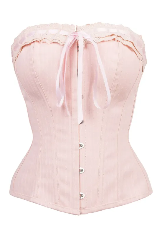 Classic Victorian Corset With Baby Pink Cotton Lace Trim And Ribbon Lacing made by Corset Story