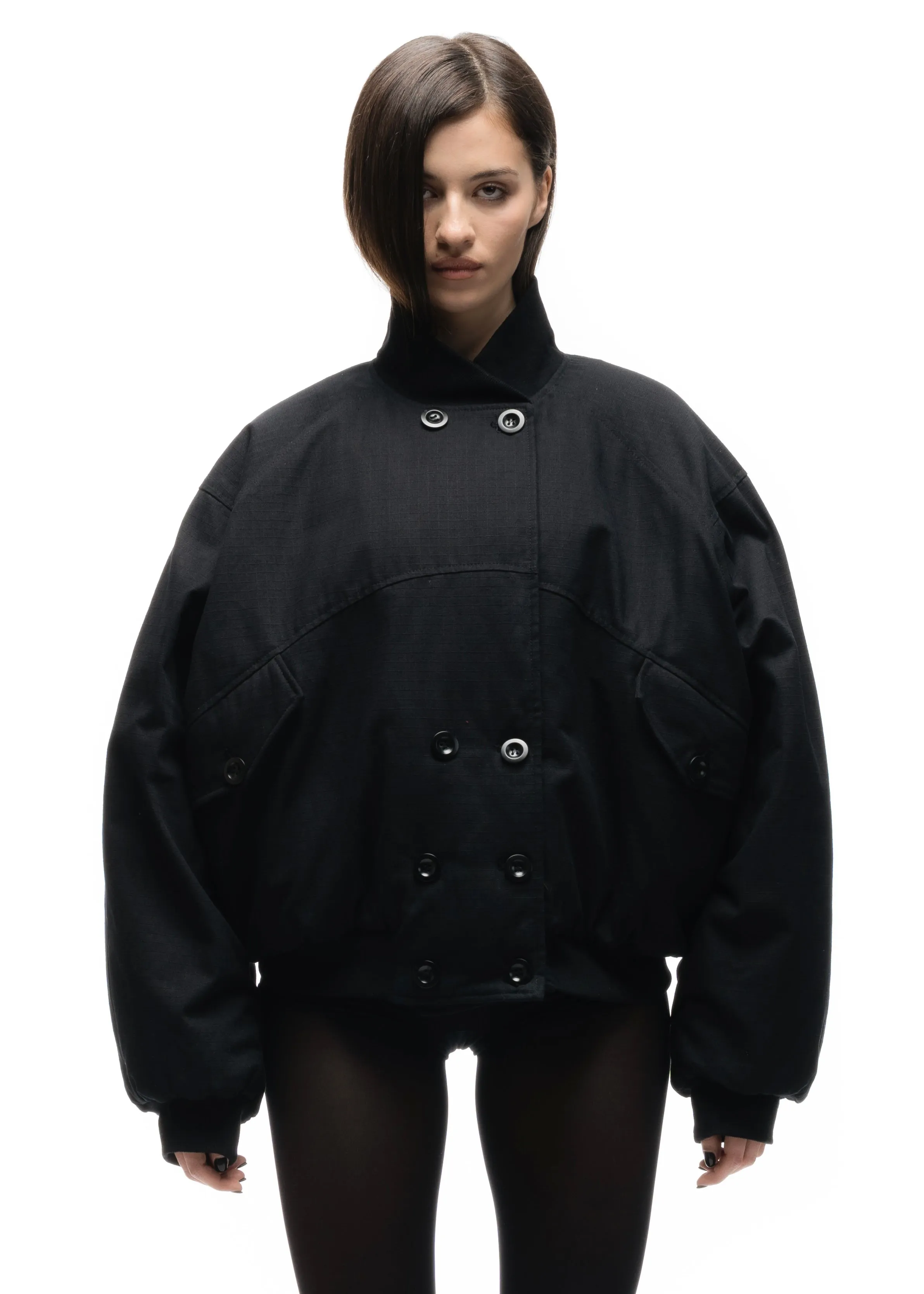 DOUBLE BUTTON BOMBER JACKET STRUCTURED BLACK FEMALE sold by NO/FAITH STUDIOS product image thumbnail 2