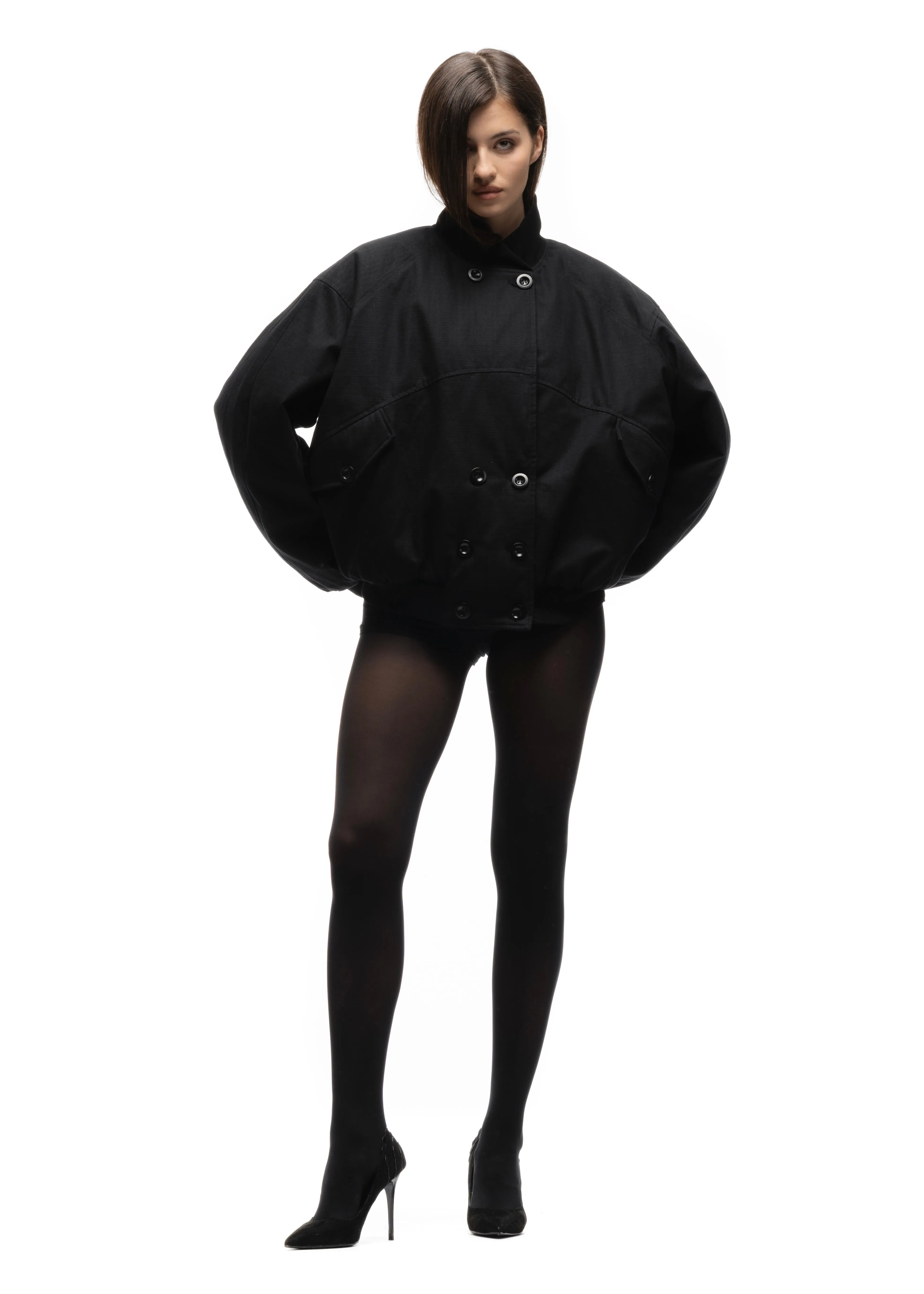 DOUBLE BUTTON BOMBER JACKET STRUCTURED BLACK FEMALE sold by NO/FAITH STUDIOS