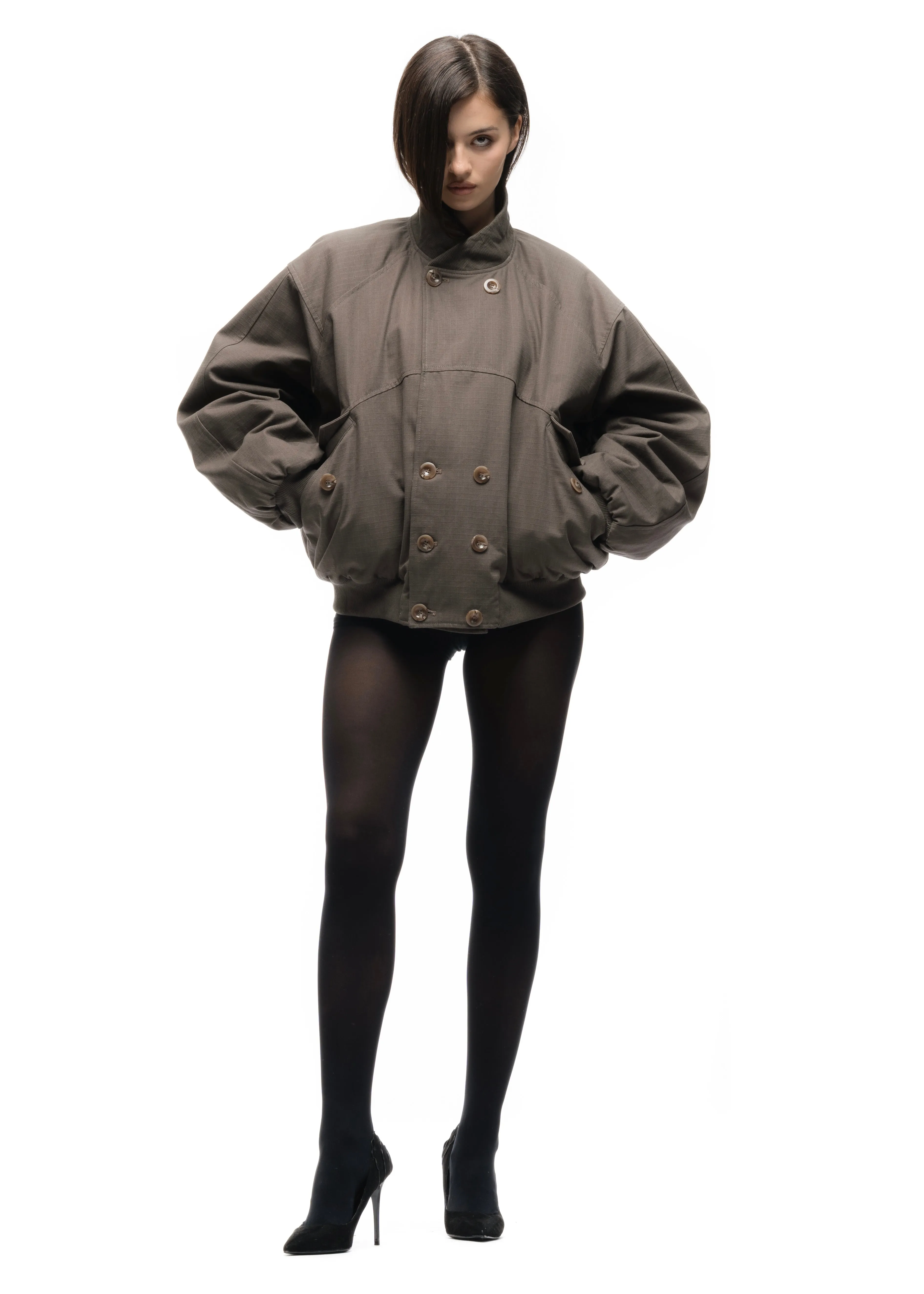 DOUBLE BUTTON BOMBER JACKET STRUCTURED STONE FEMALE sold by NO/FAITH STUDIOS