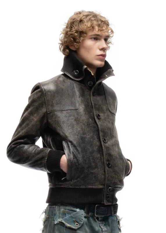 COLLAR UP BUTTON LEATHER JACKET CRACKED USED made by NO/FAITH STUDIOS