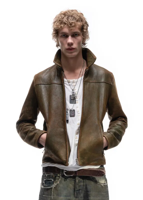 BIKER ONE CUT LEATHER JACKET USED GREEN sold by NO/FAITH STUDIOS