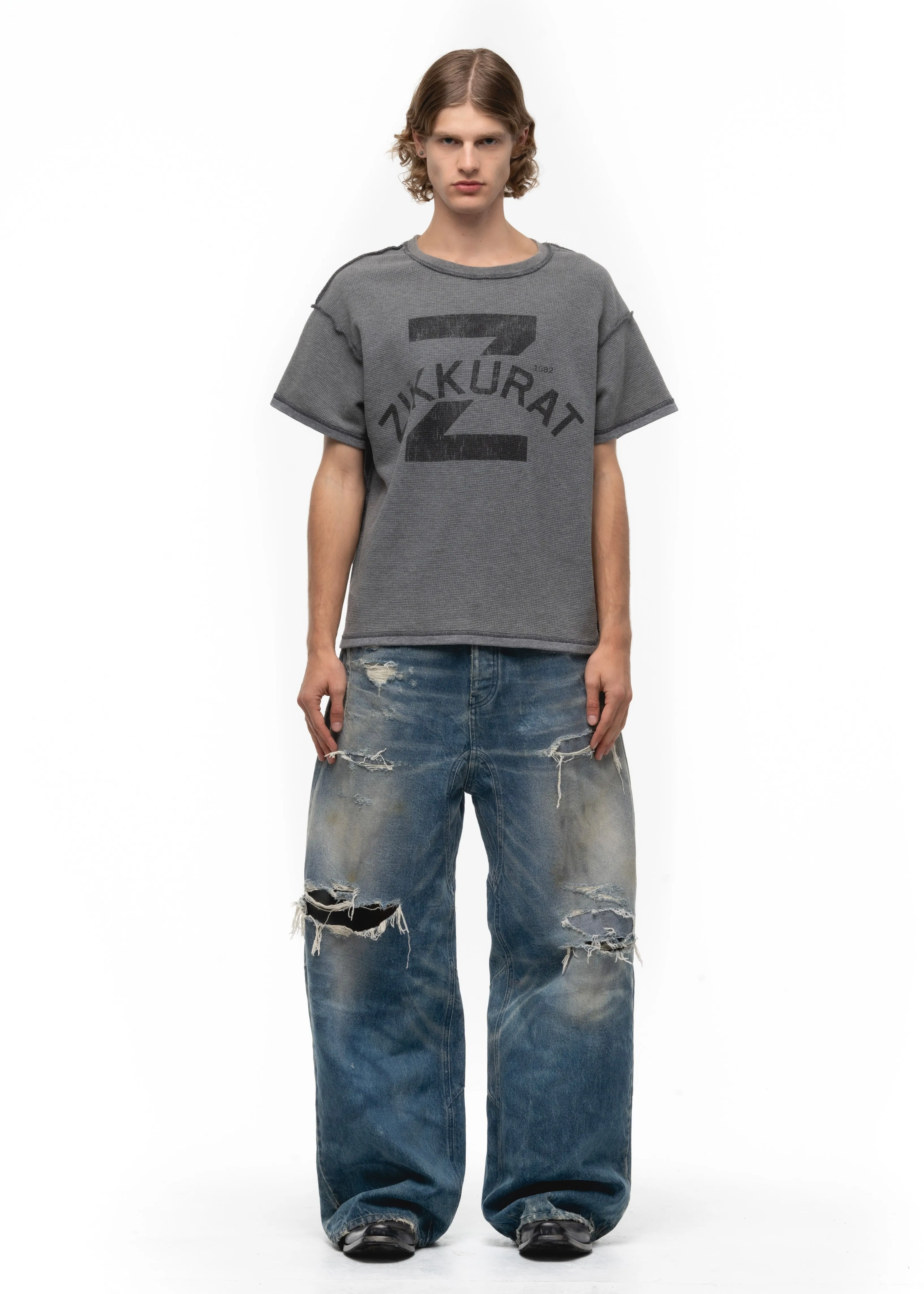 ZIKKURAT SUNFADE WAFFLE COTTON T-SHIRT GREY sold by NO/FAITH STUDIOS