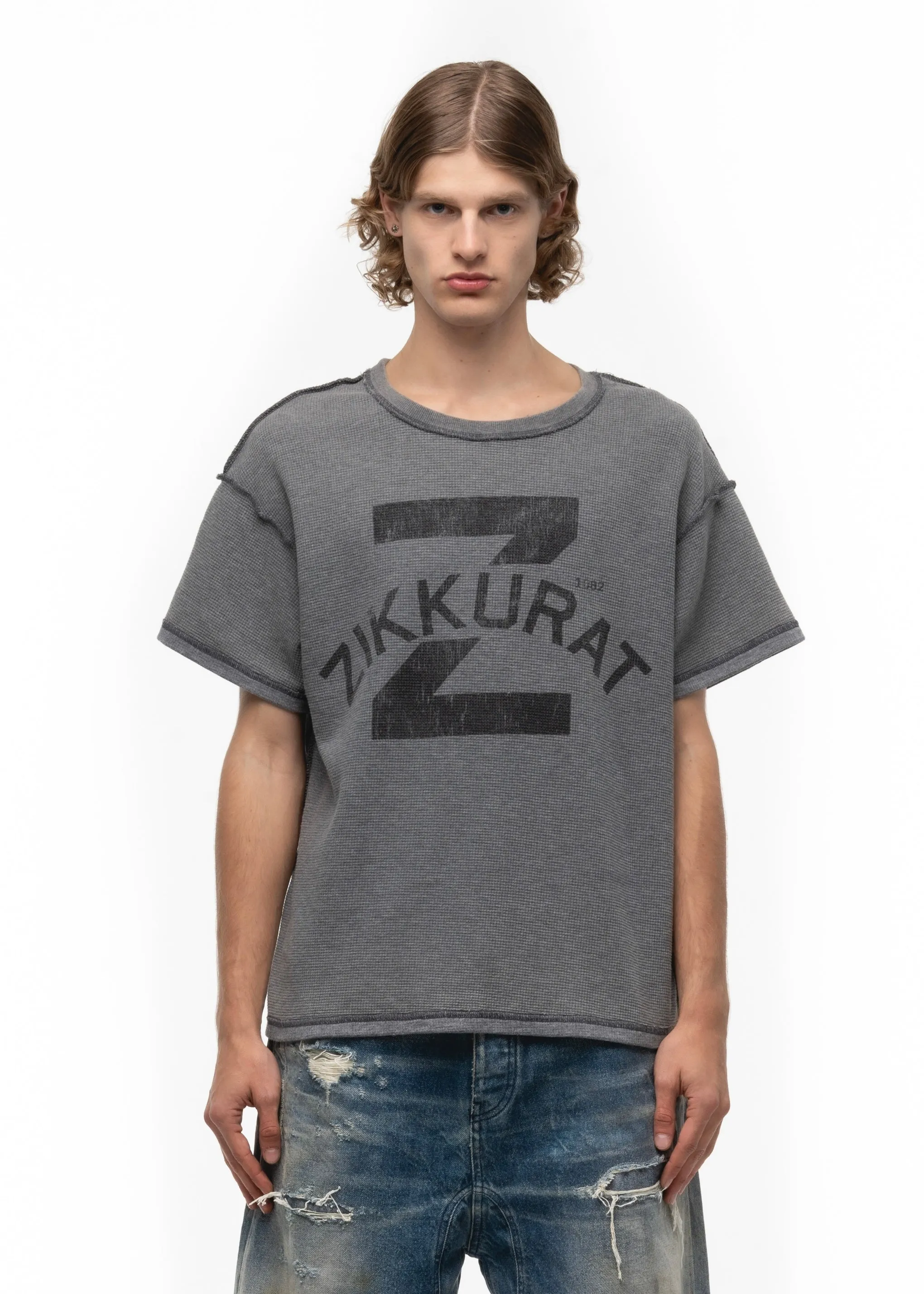 ZIKKURAT SUNFADE WAFFLE COTTON T-SHIRT GREY sold by NO/FAITH STUDIOS product image thumbnail 2