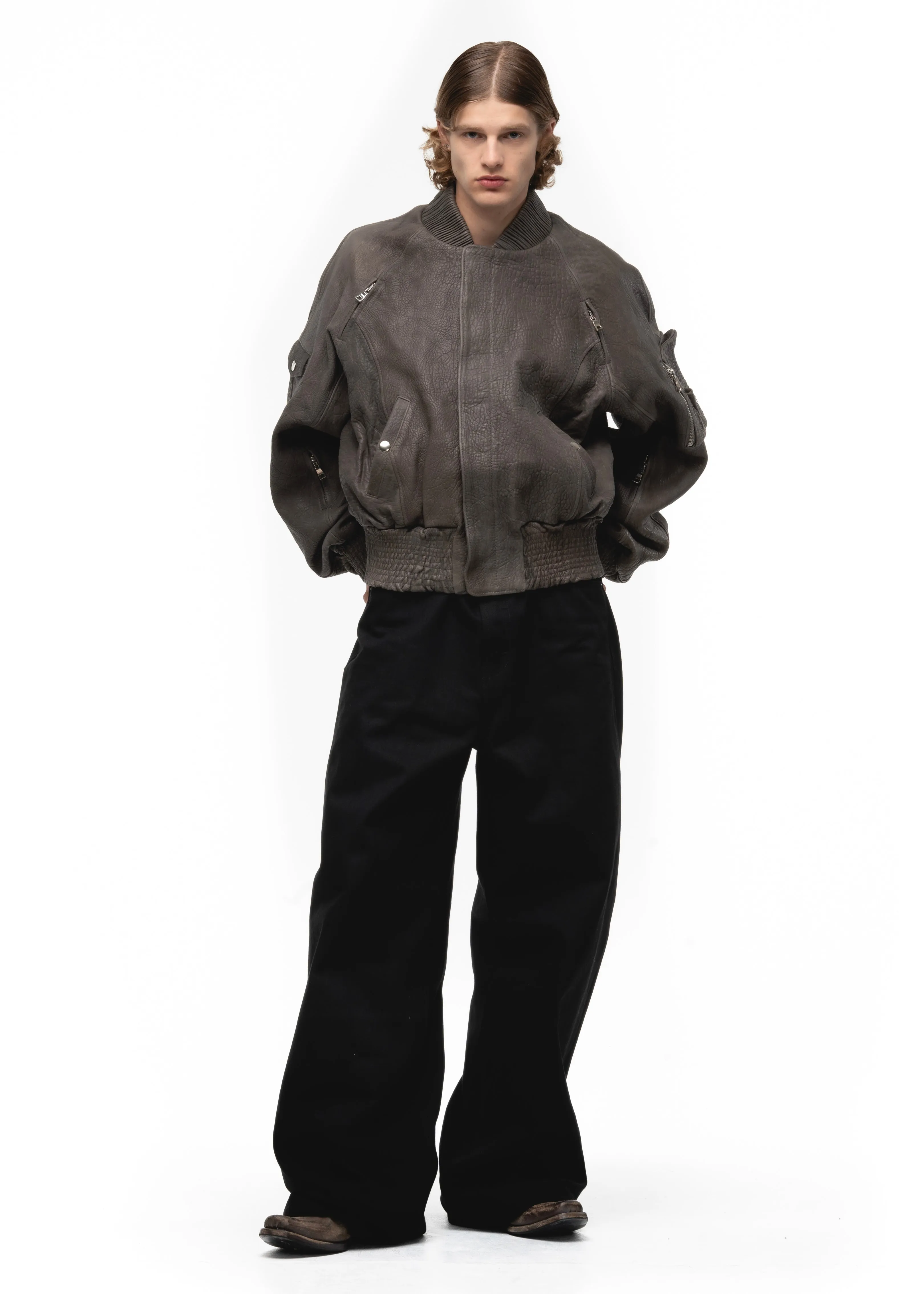 GREY DRIED CONCRETE LEATHER BOMBER sold by NO/FAITH STUDIOS product image thumbnail 2