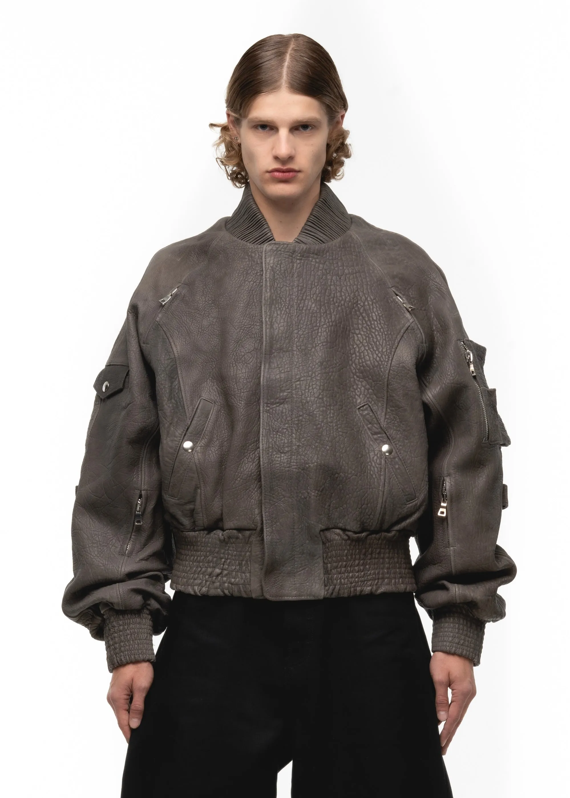 GREY DRIED CONCRETE LEATHER BOMBER sold by NO/FAITH STUDIOS product image thumbnail 3