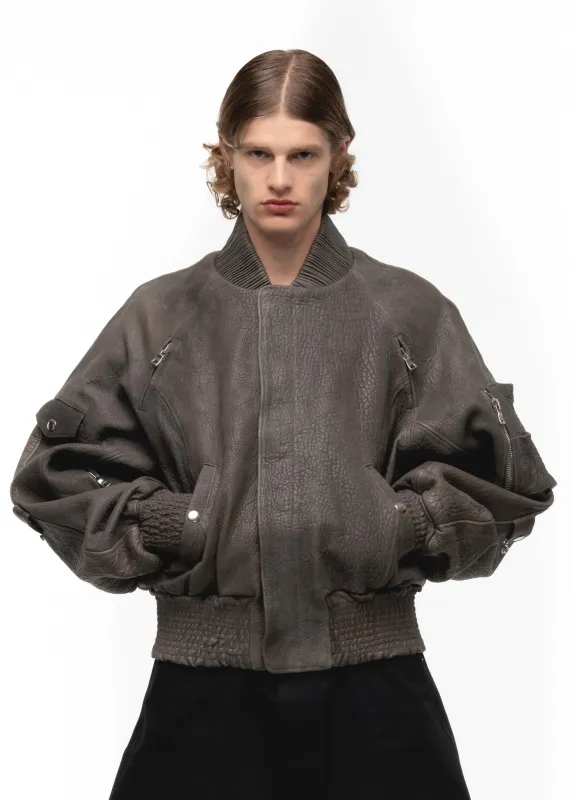 GREY DRIED CONCRETE LEATHER BOMBER made by NO/FAITH STUDIOS