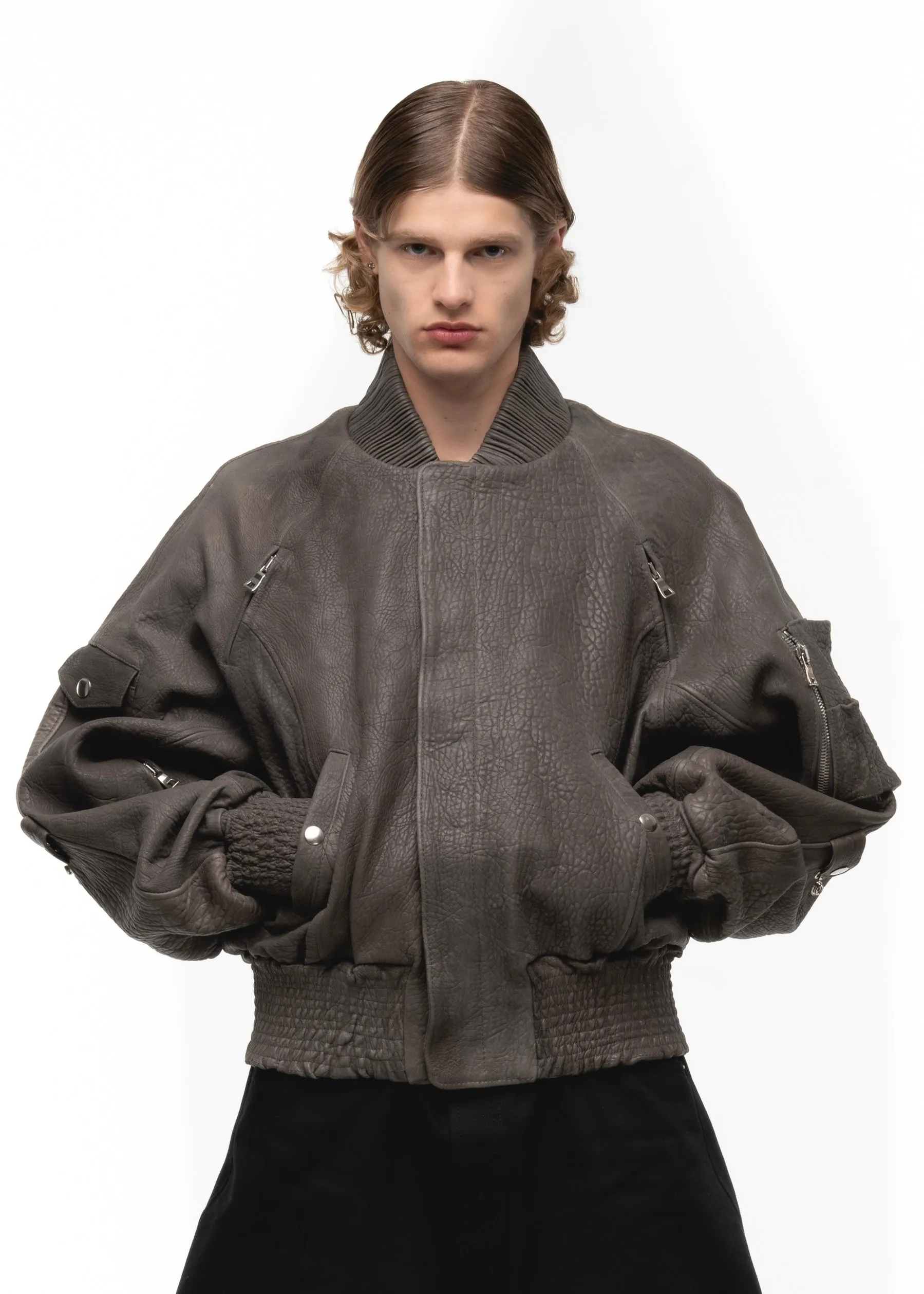 GREY DRIED CONCRETE LEATHER BOMBER sold by NO/FAITH STUDIOS