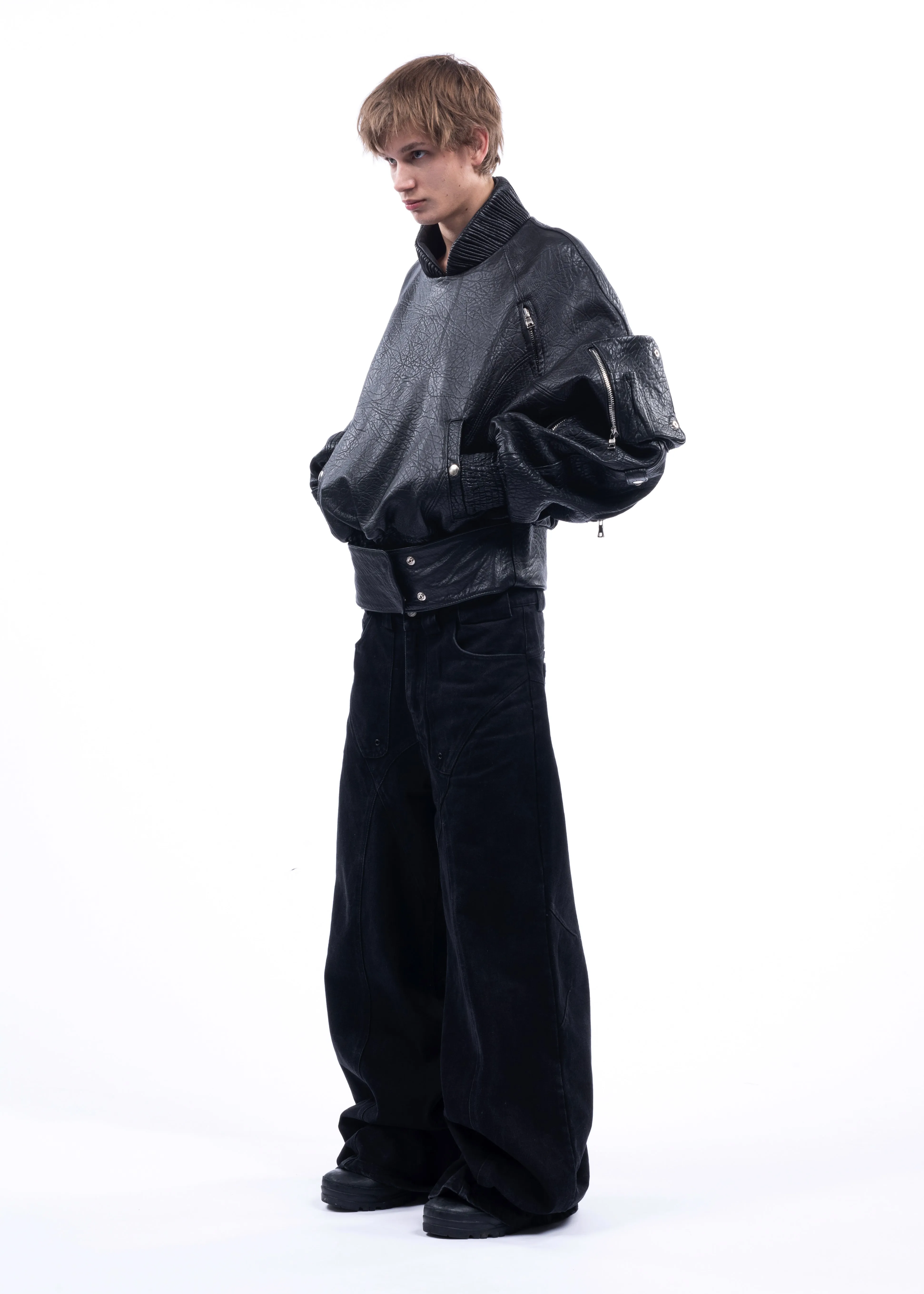 PULL OVER CONCRETE LEATHER BOMBER sold by NO/FAITH STUDIOS product image thumbnail 5