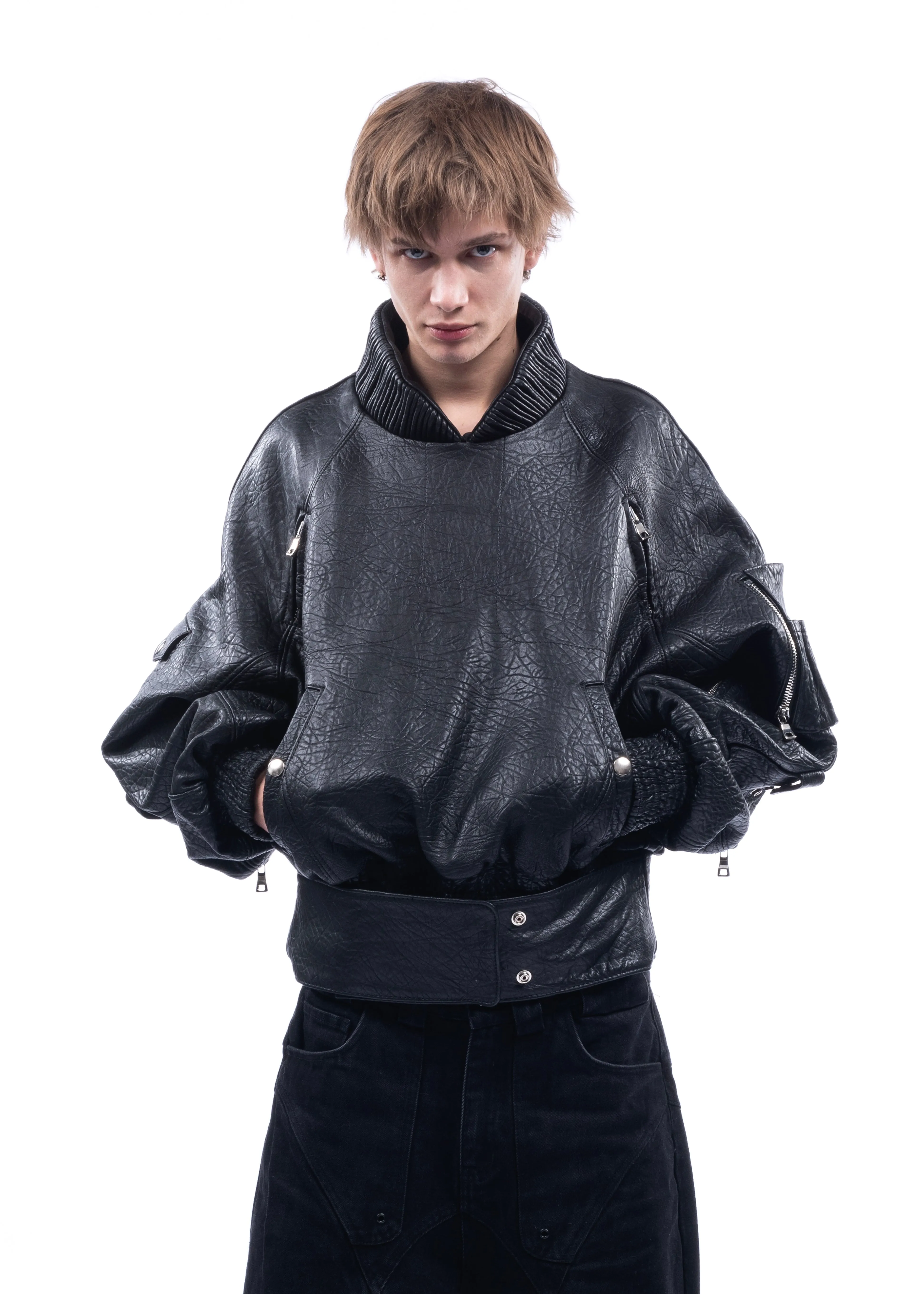 PULL OVER CONCRETE LEATHER BOMBER sold by NO/FAITH STUDIOS product image thumbnail 2