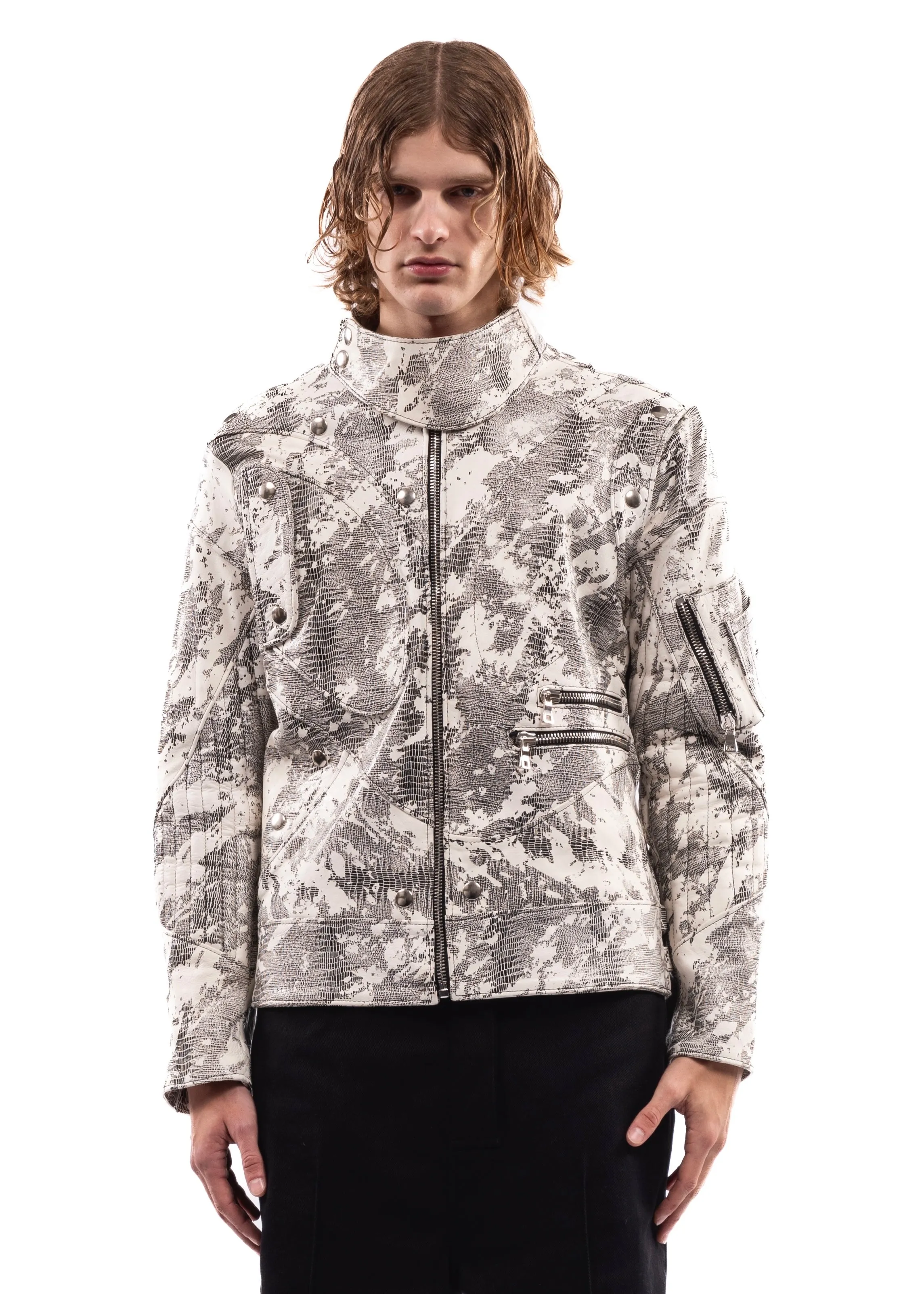 CAMOUFLAGE LEATHER SLATE COLLAR JACKET sold by NO/FAITH STUDIOS