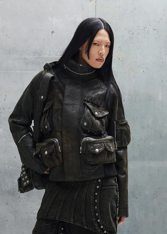 MULTIPOCKET 3D USED GREEN LEATHER JACKET UNISEX sold by NO/FAITH STUDIOS