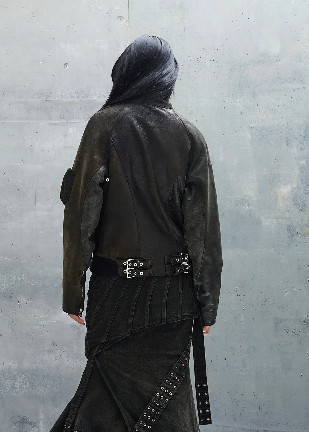 MULTIPOCKET 3D USED GREEN LEATHER JACKET UNISEX sold by NO/FAITH STUDIOS product image thumbnail 3