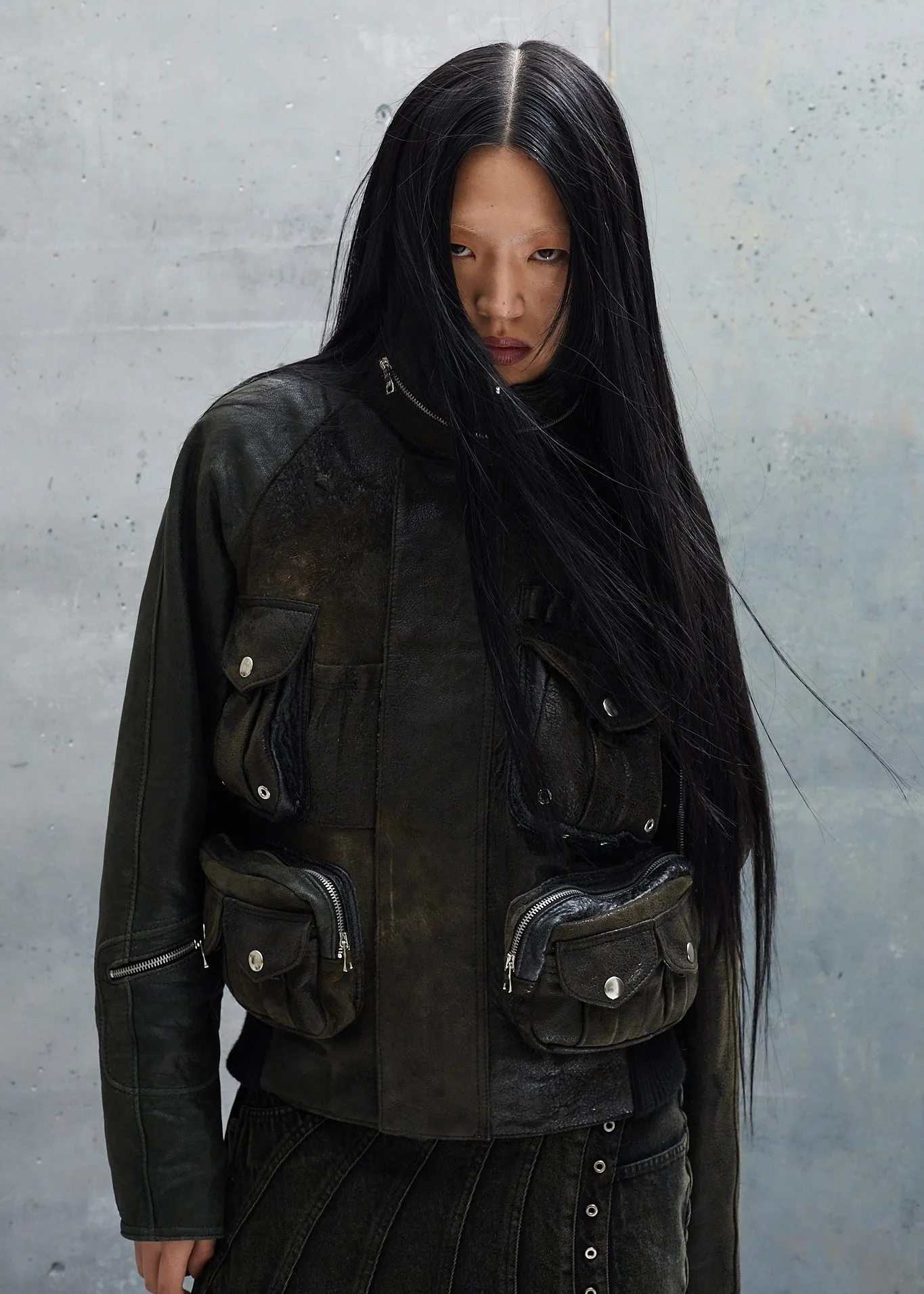 MULTIPOCKET 3D USED GREEN LEATHER JACKET UNISEX sold by NO/FAITH STUDIOS product image thumbnail 2