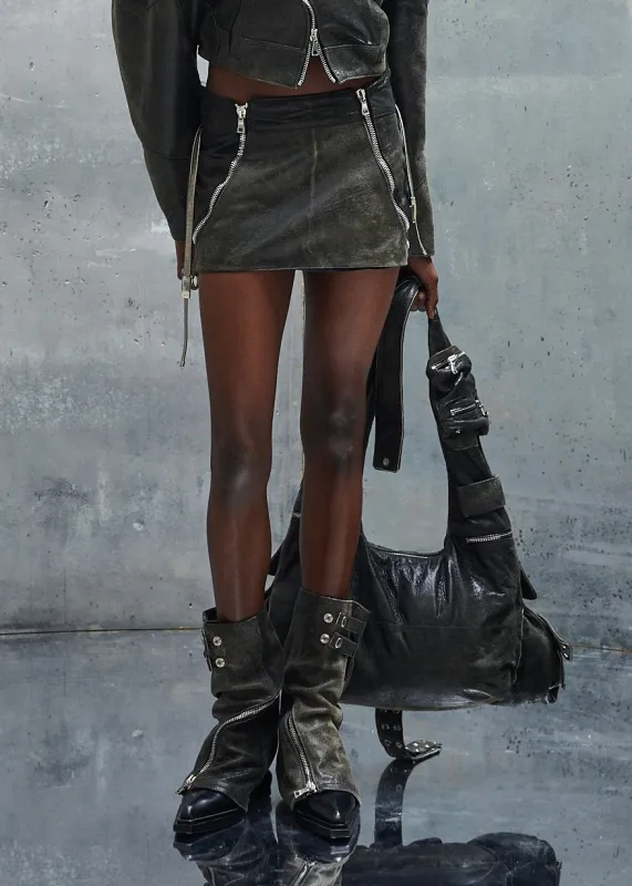 SNAKE ZIP USED LEATHER GREEN SKIRT made by NO/FAITH STUDIOS