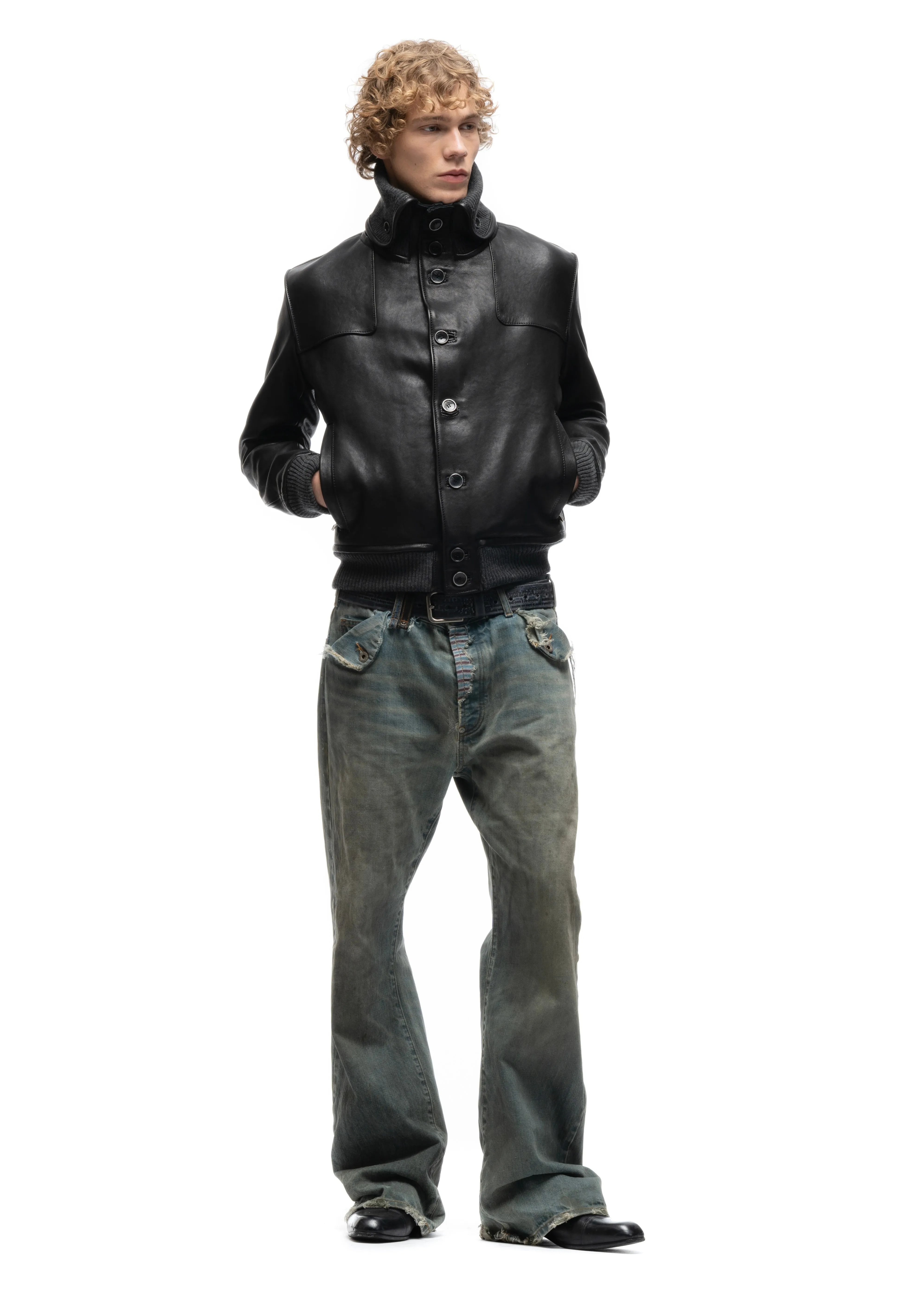 COLLAR UP BUTTON LEATHER JACKET BLACK sold by NO/FAITH STUDIOS product image thumbnail 4