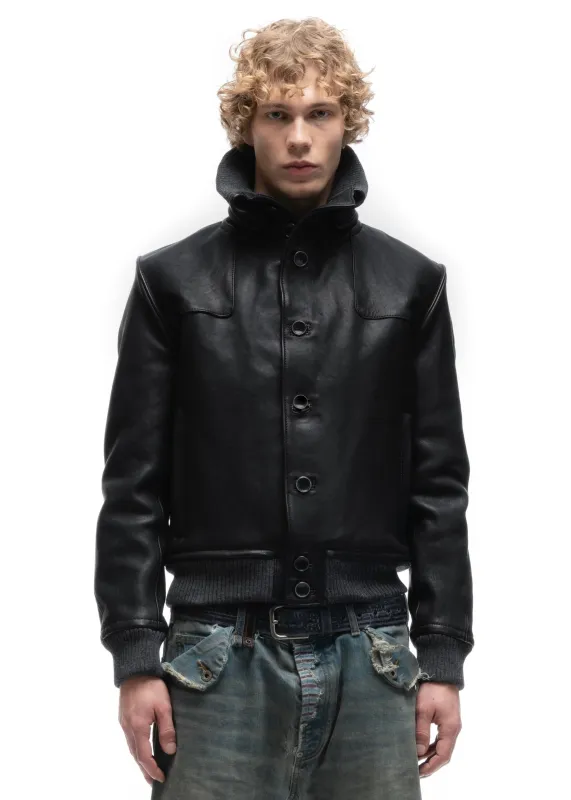 COLLAR UP BUTTON LEATHER JACKET BLACK made by NO/FAITH STUDIOS