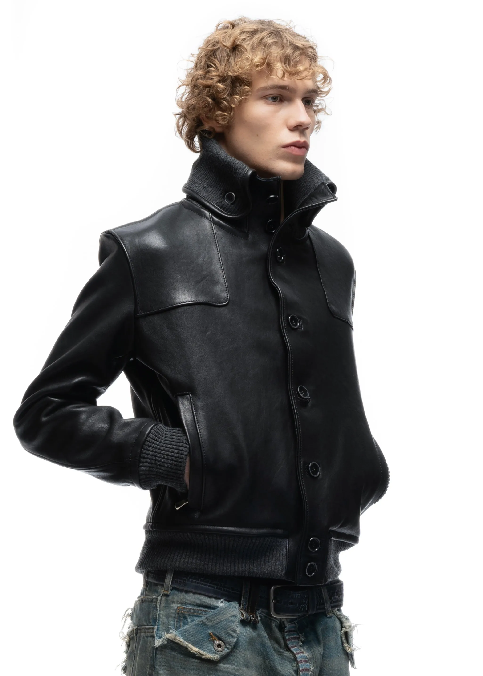 COLLAR UP BUTTON LEATHER JACKET BLACK sold by NO/FAITH STUDIOS product image thumbnail 3