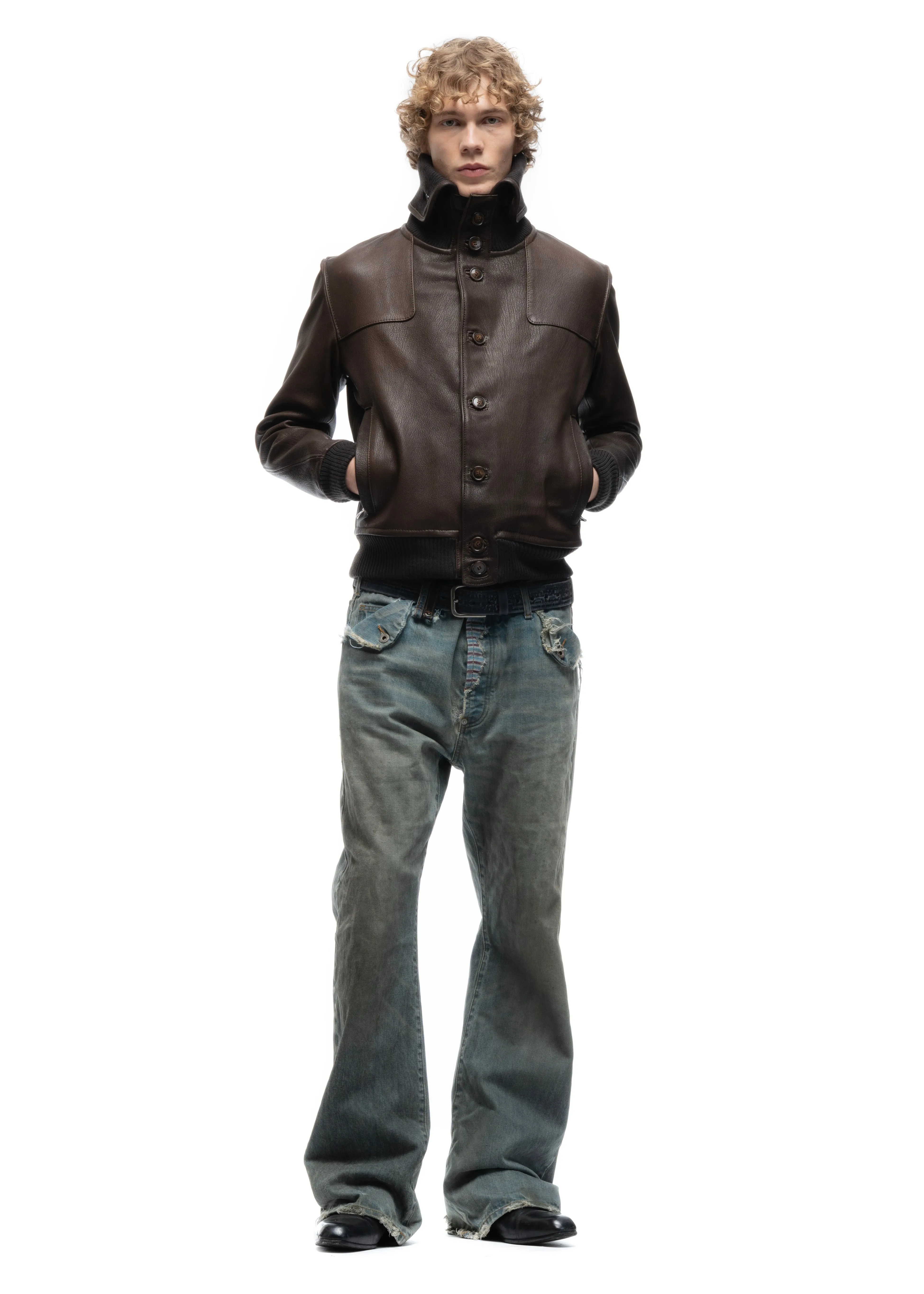 COLLAR UP BUTTON LEATHER JACKET BROWN sold by NO/FAITH STUDIOS product image thumbnail 2