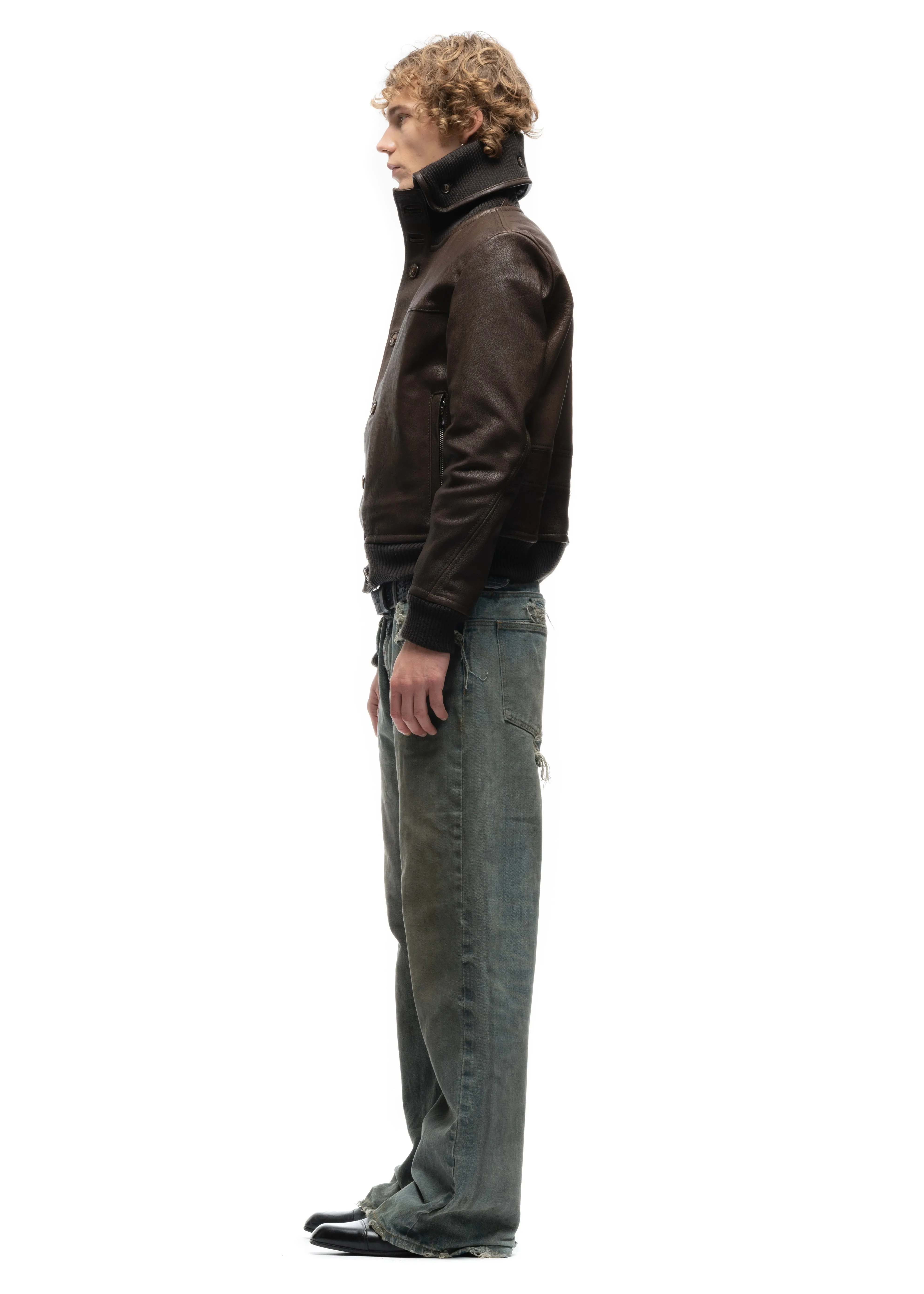 COLLAR UP BUTTON LEATHER JACKET BROWN sold by NO/FAITH STUDIOS product image thumbnail 4